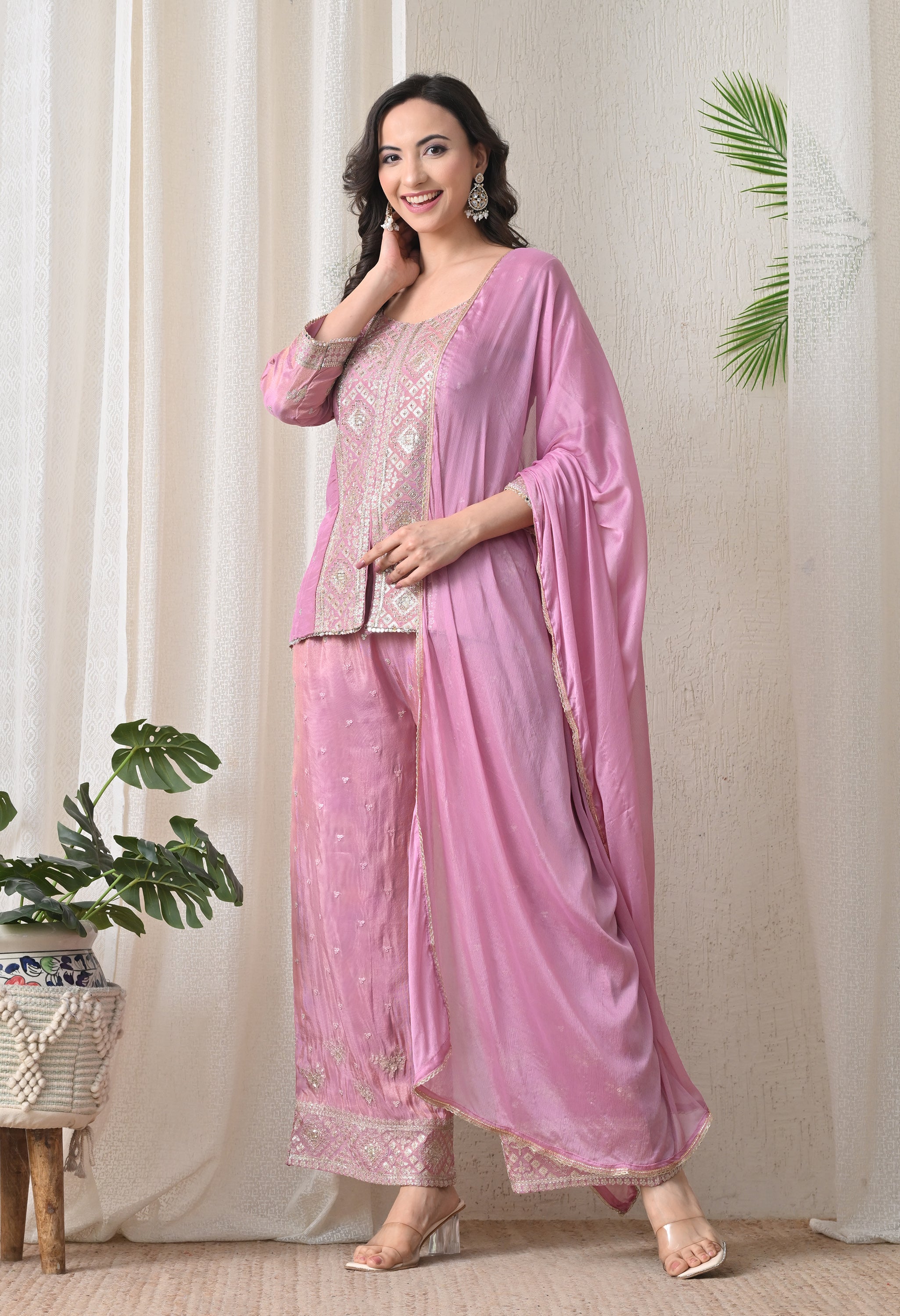 Lavender Shimmer Silk Zari Embroidered Indo-Western Set -Set of 3