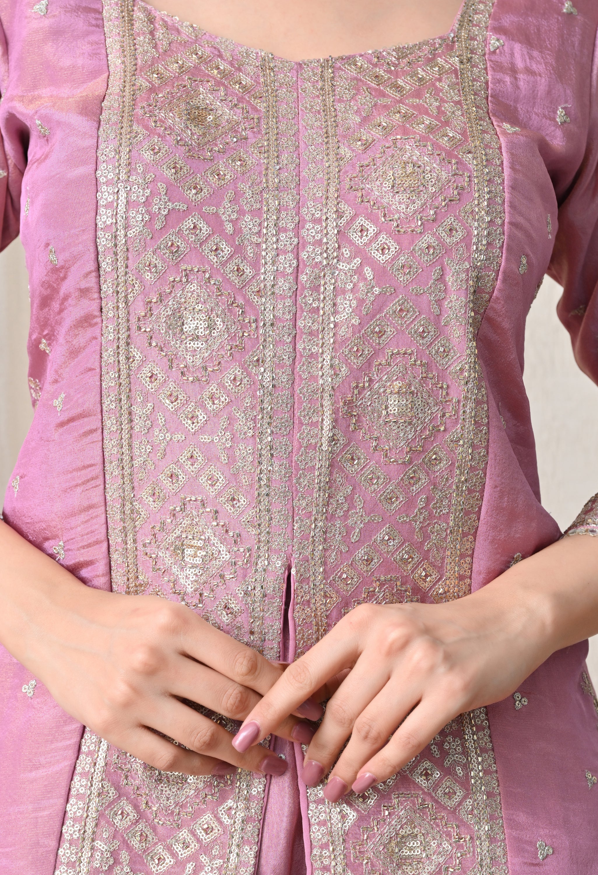 Lavender Shimmer Silk Zari Embroidered Indo-Western Set -Set of 3