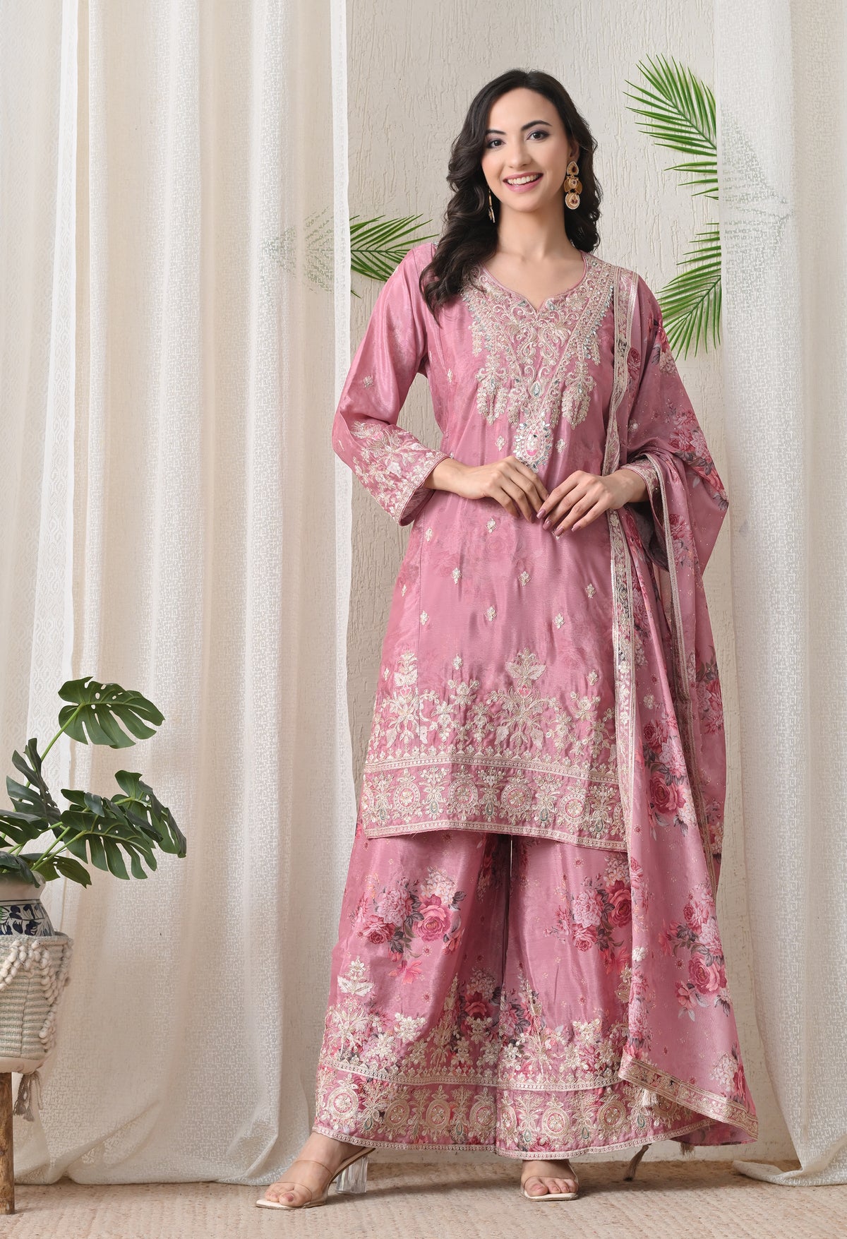 Blush Pink Chinon Zari Work Floral Sharara Suit- Set of 3