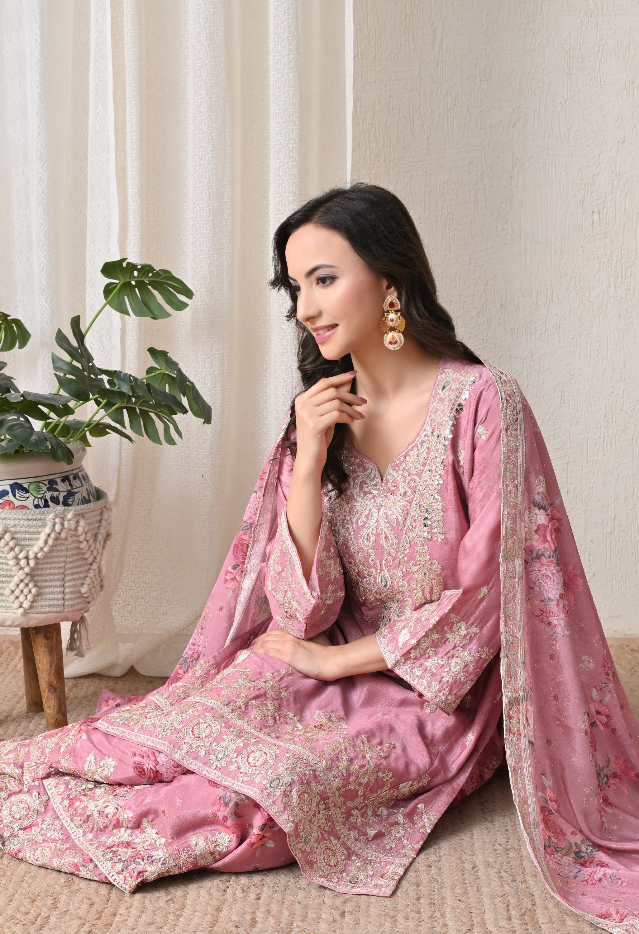 Blush Pink Chinon Zari Work Floral Sharara Suit- Set of 3