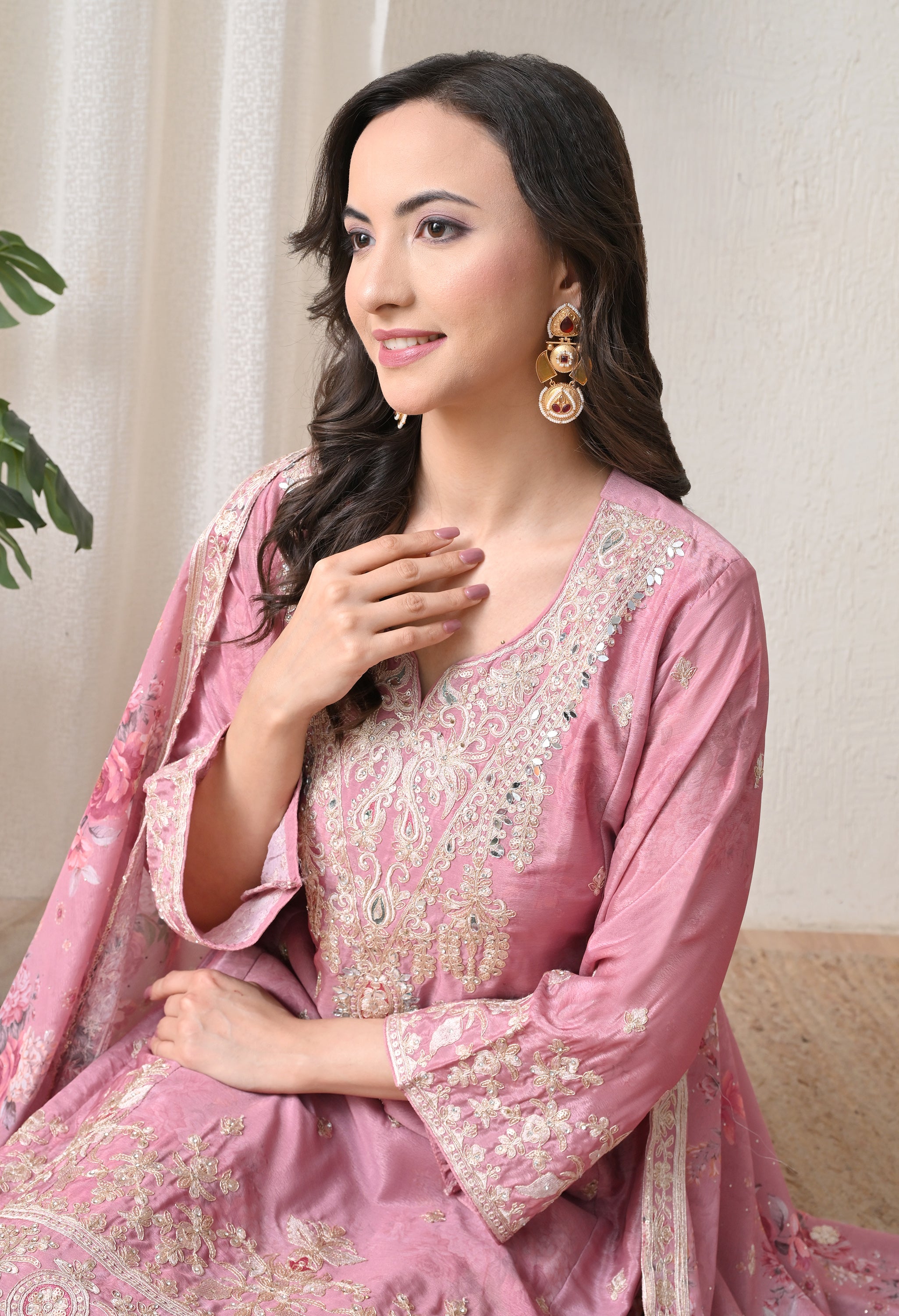 Blush Pink Chinon Zari Work Floral Sharara Suit- Set of 3