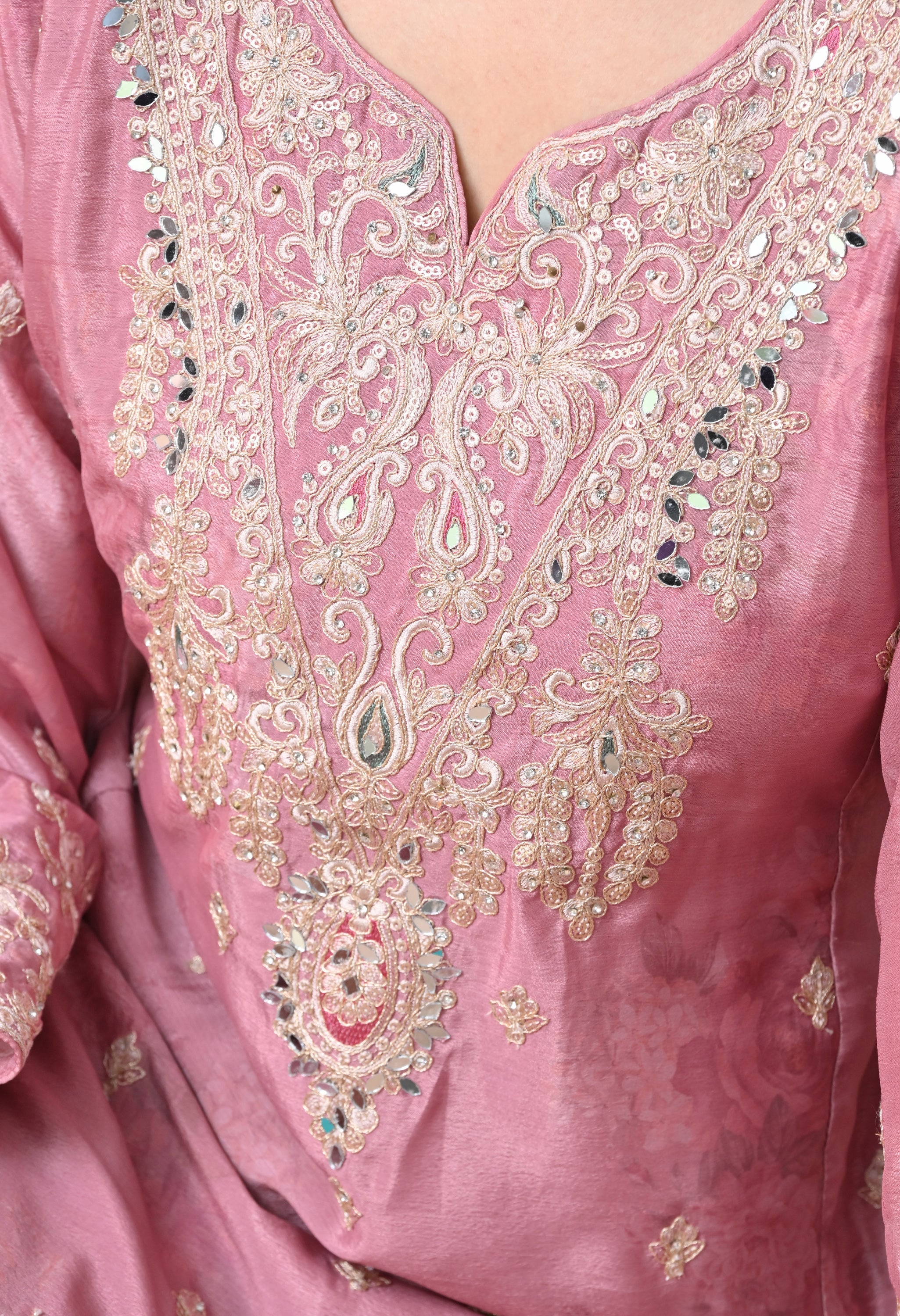 Blush Pink Chinon Zari Work Floral Sharara Suit- Set of 3