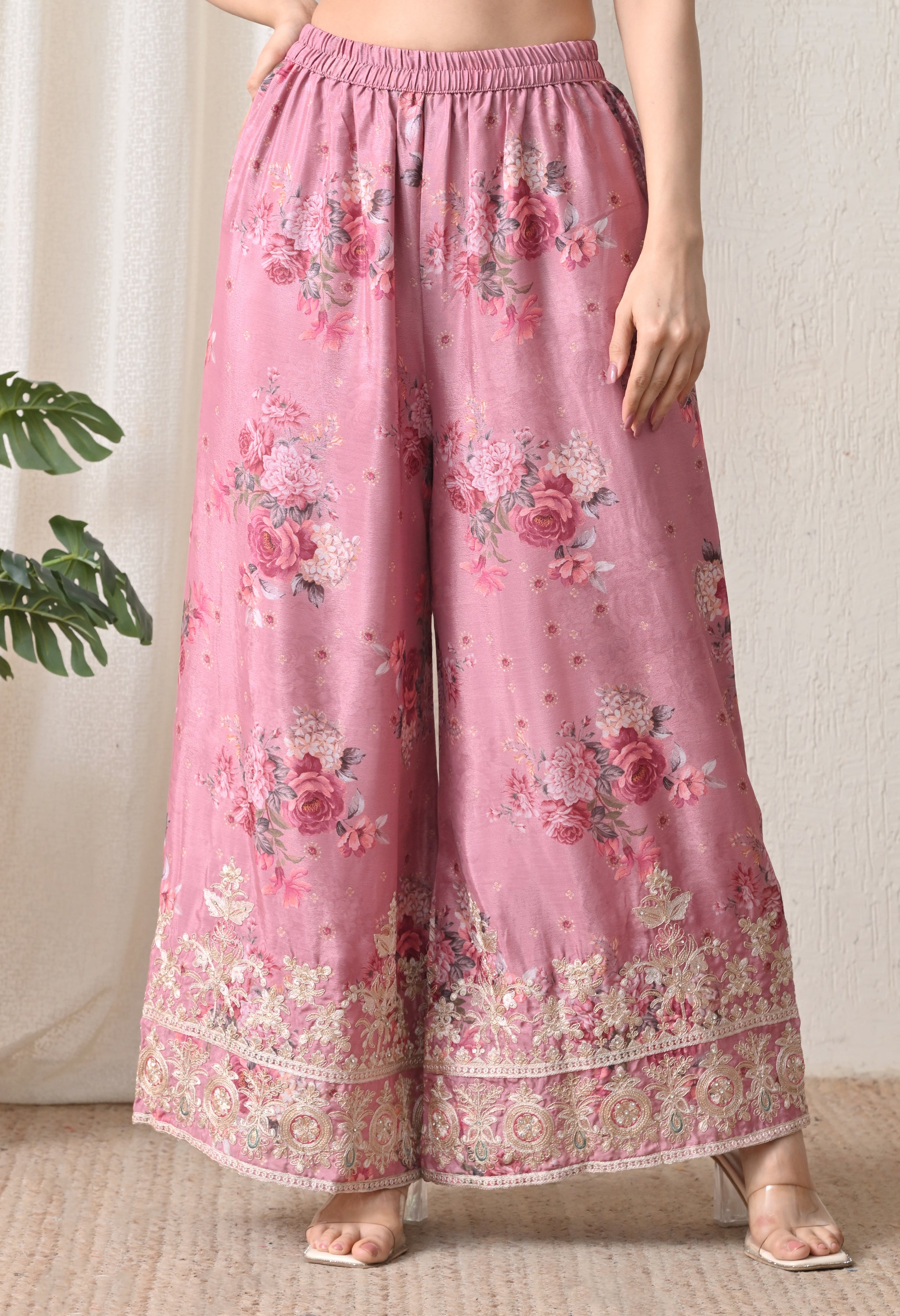 Blush Pink Chinon Zari Work Floral Sharara Suit- Set of 3