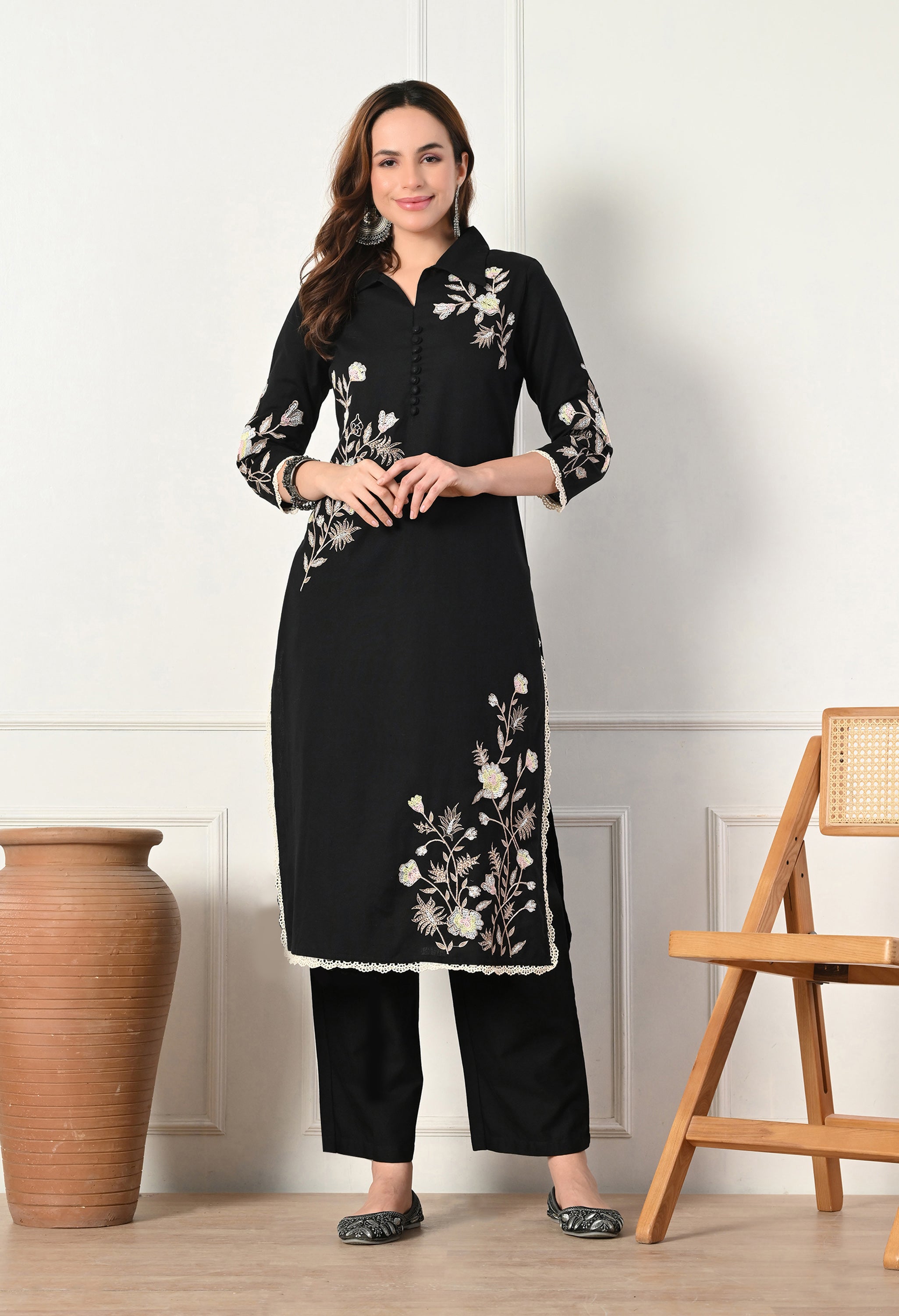 Black Cotton Flex Embroidered Kurta with Pants- Set of 2