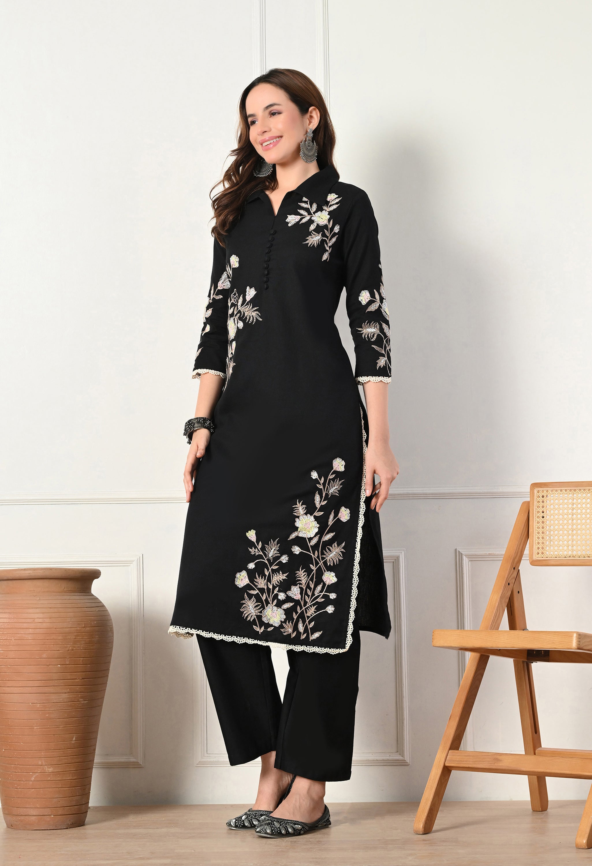 Black Cotton Flex Embroidered Kurta with Pants- Set of 2