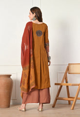 Rust Ajrakh Print Cotton suit- Set of 3