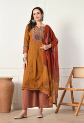 Rust Ajrakh Print Cotton suit- Set of 3