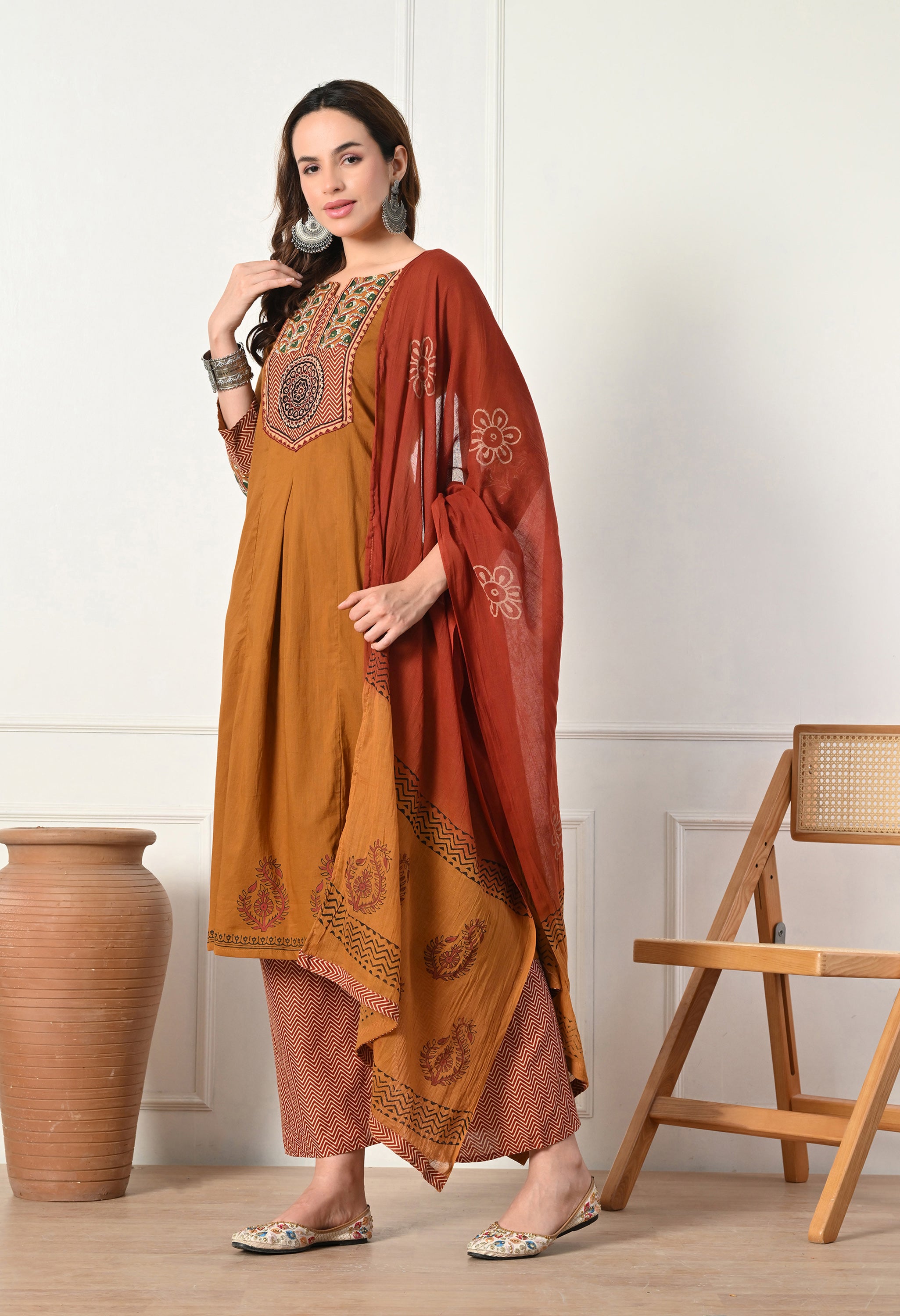 Rust Ajrakh Print Cotton suit- Set of 3