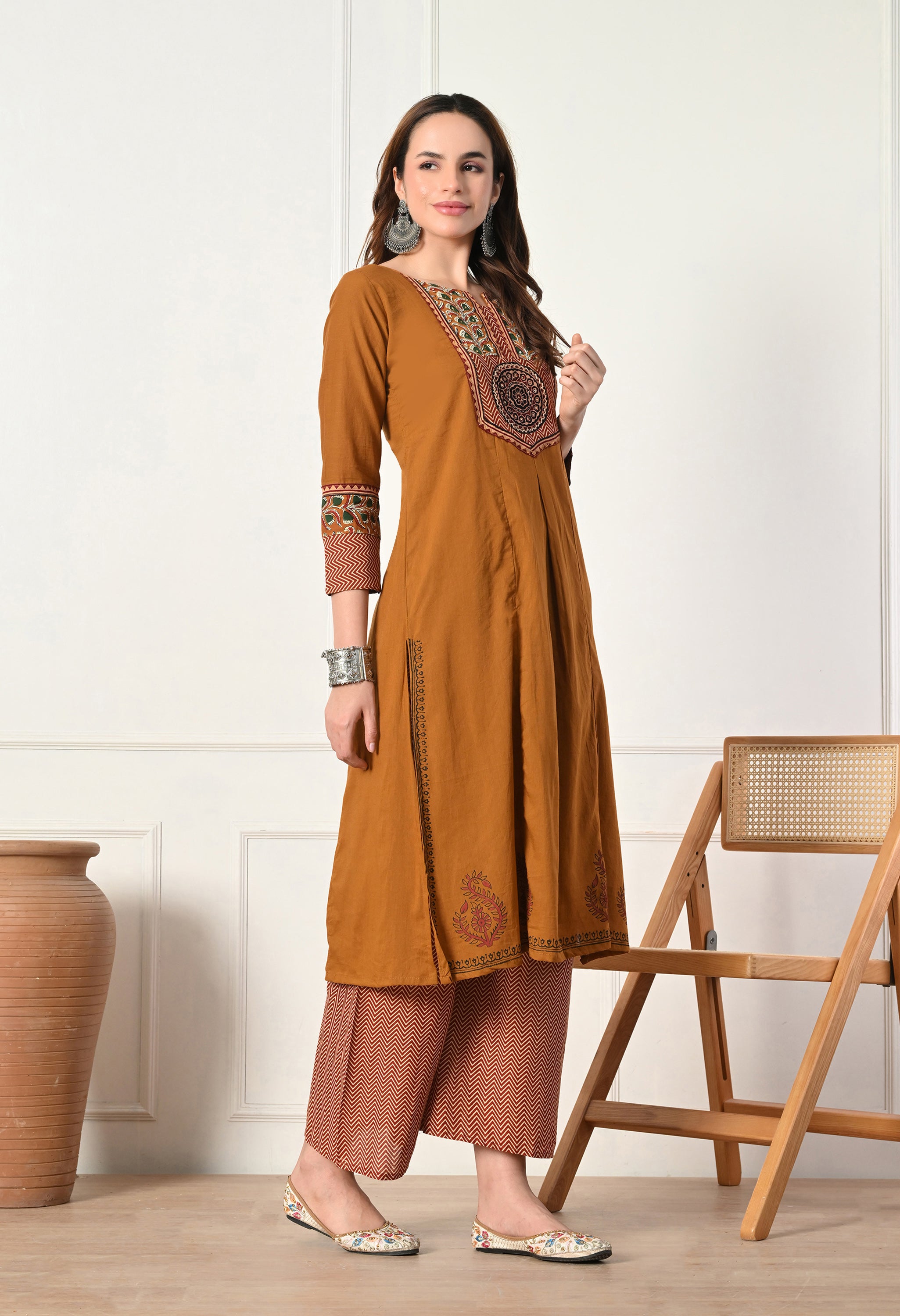 Rust Ajrakh Print Cotton suit- Set of 3
