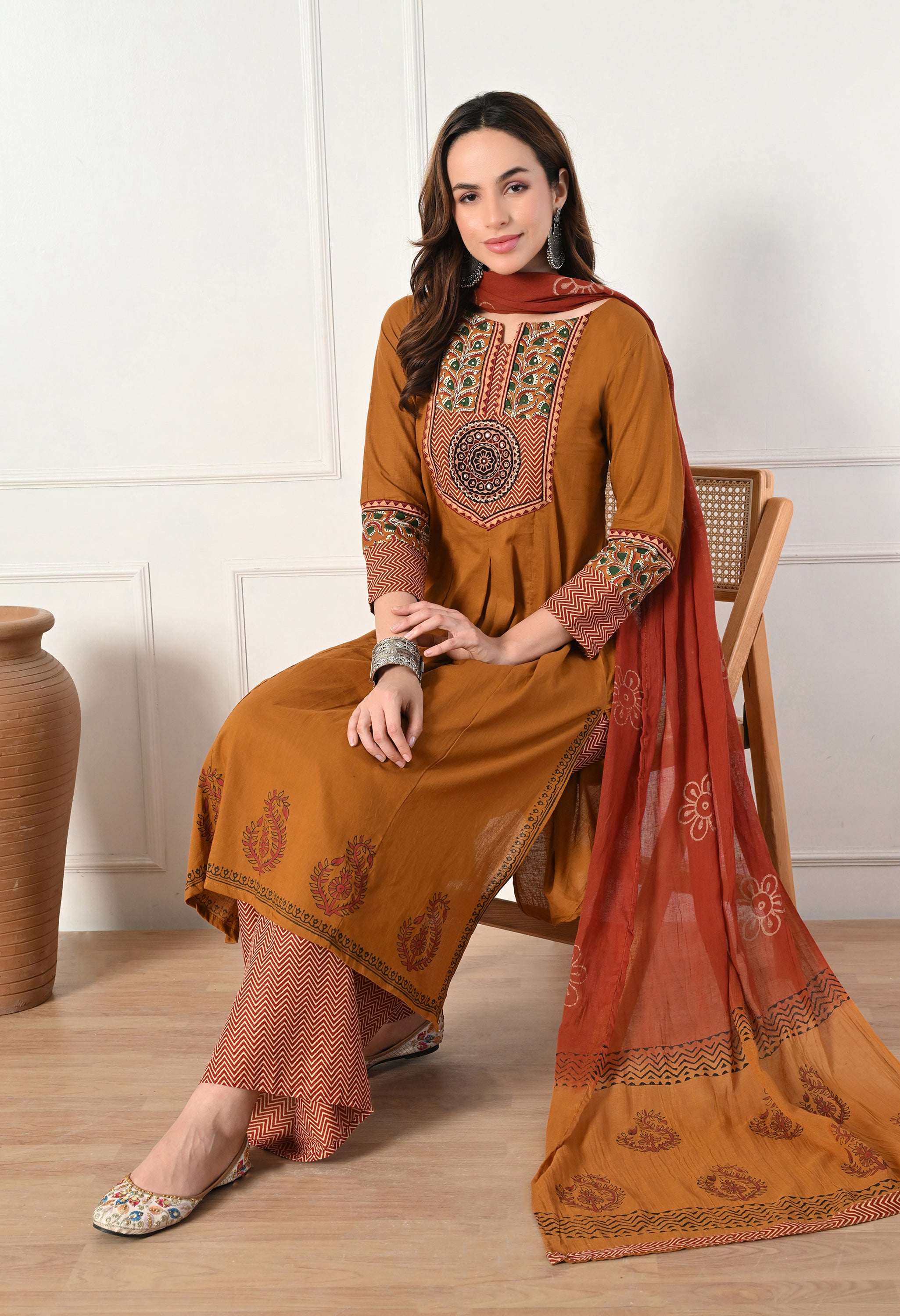 Rust Ajrakh Print Cotton suit- Set of 3