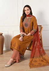 Rust Ajrakh Print Cotton suit- Set of 3