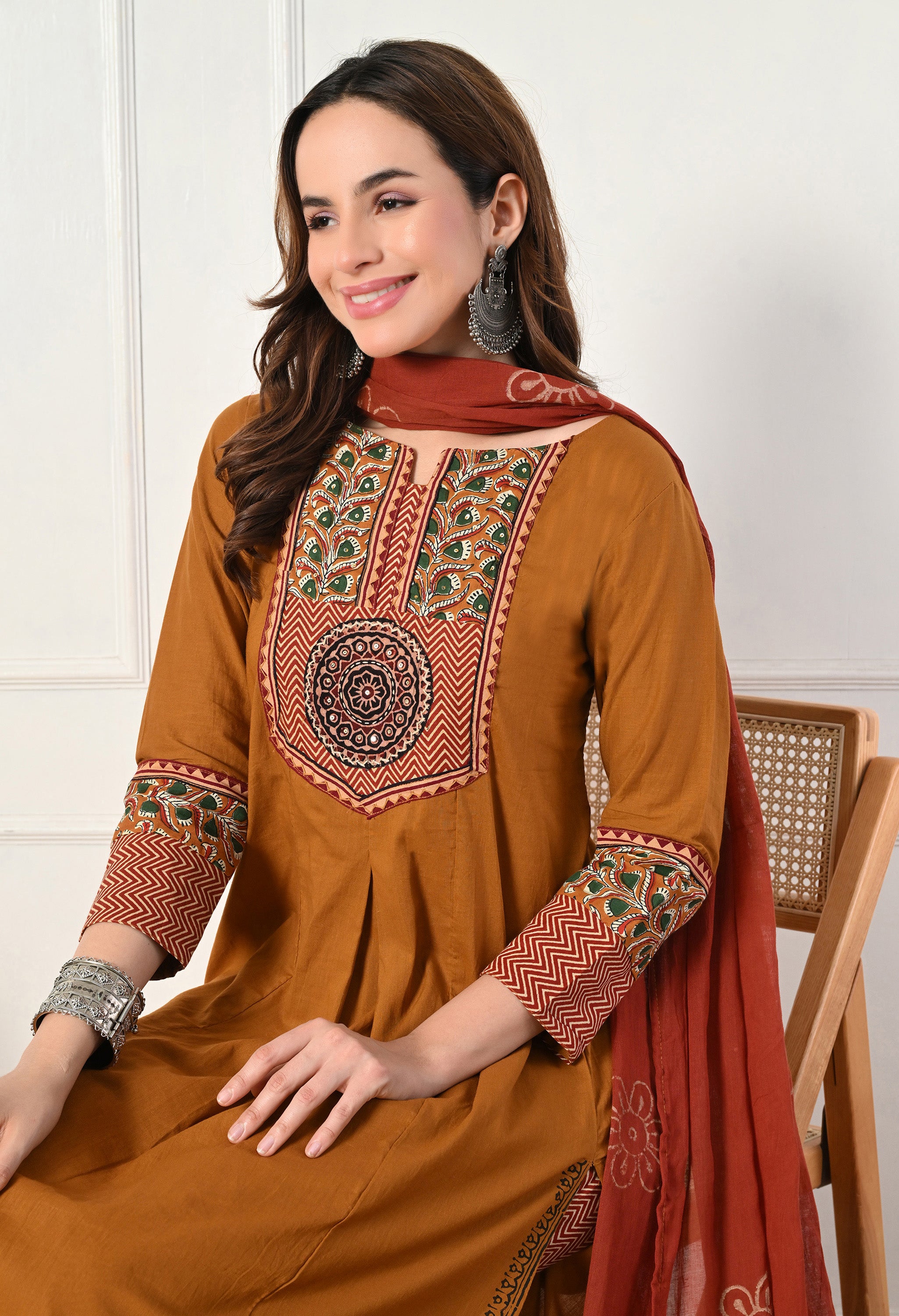 Rust Ajrakh Print Cotton suit- Set of 3