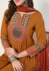 Rust Ajrakh Print Cotton suit- Set of 3