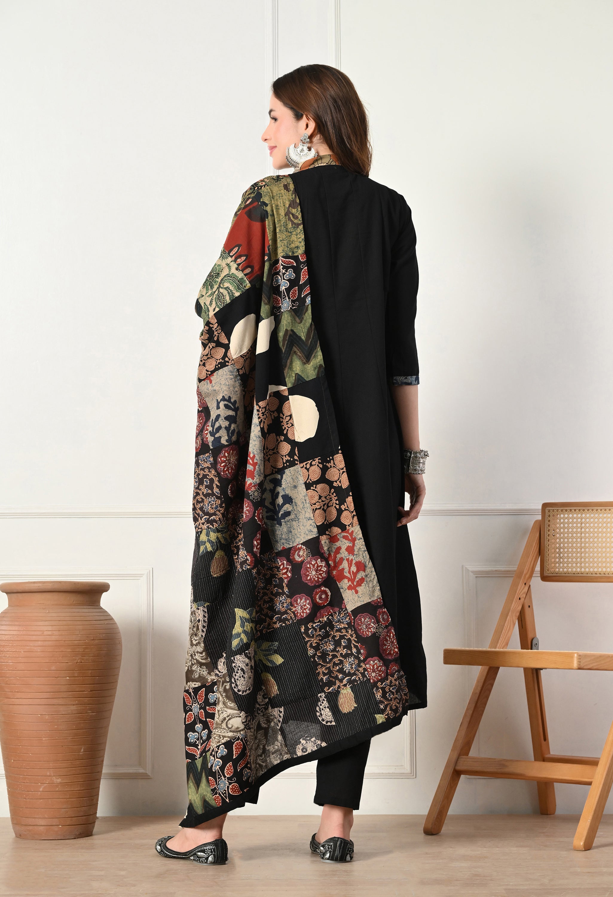 Black A-Line Ajrakh Print Patch work Flex Cotton Suit- Set of 3