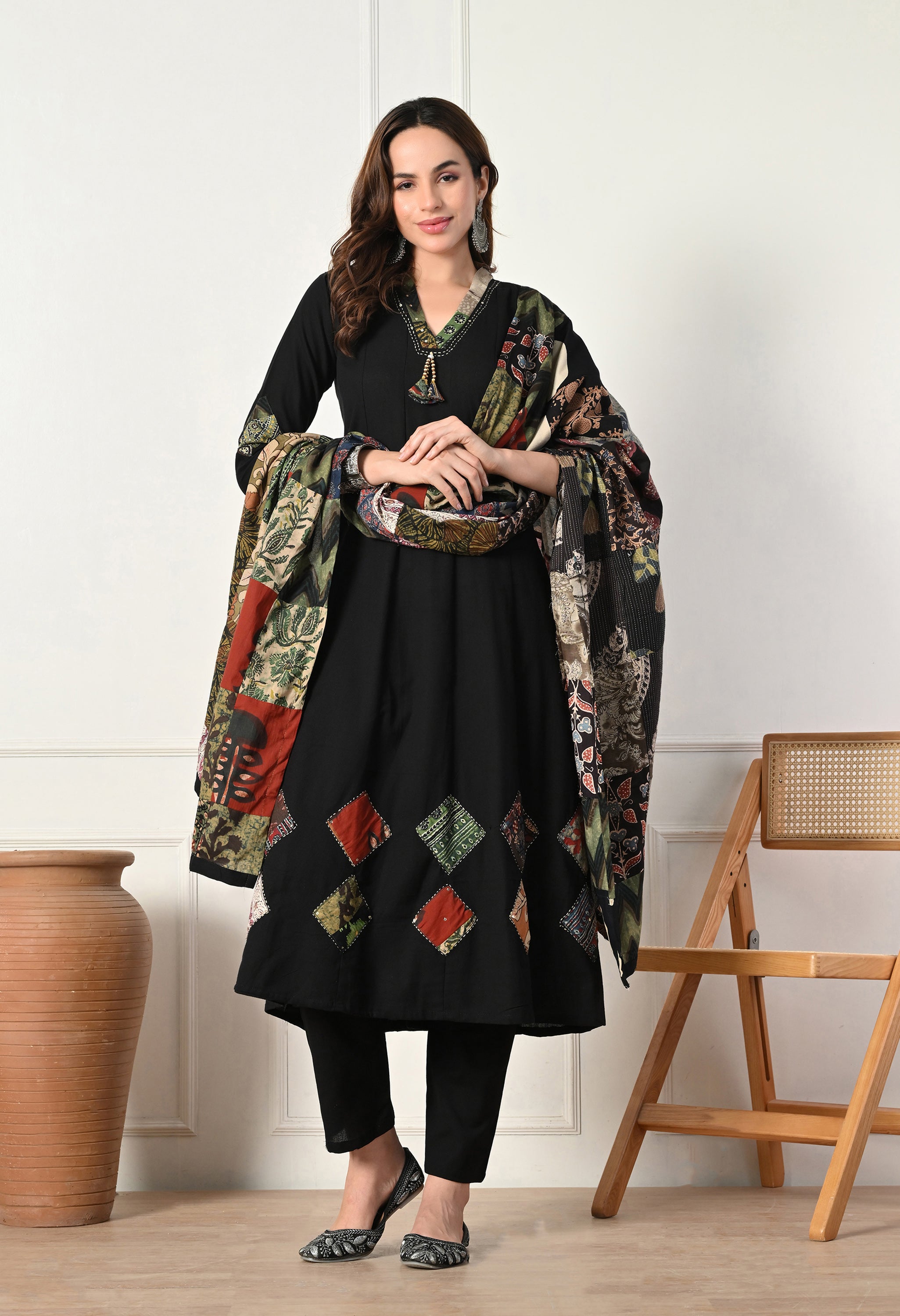 Black A-Line Ajrakh Print Patch work Flex Cotton Suit- Set of 3