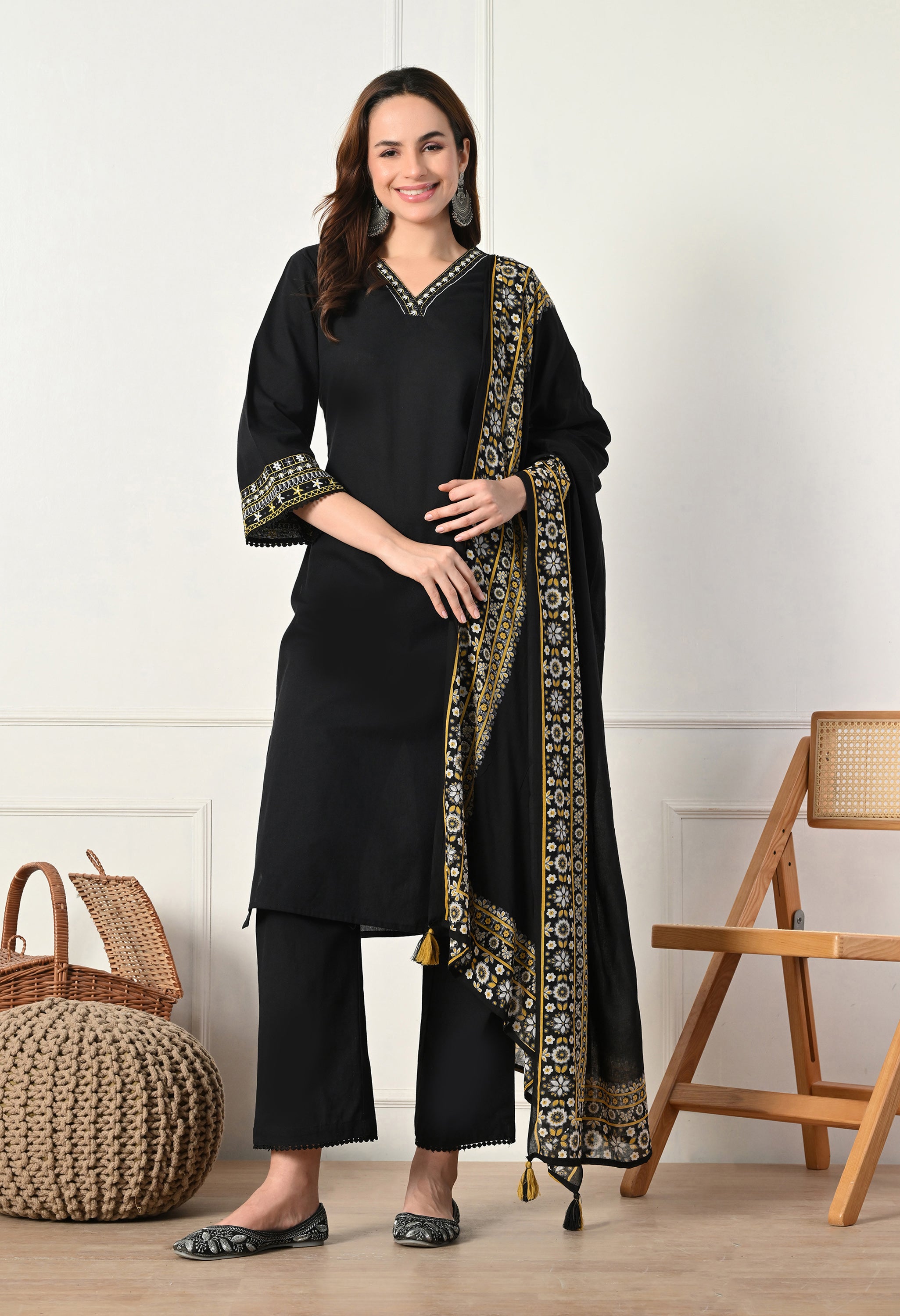Black Cotton Flex Embroidered Suit- Set of 3