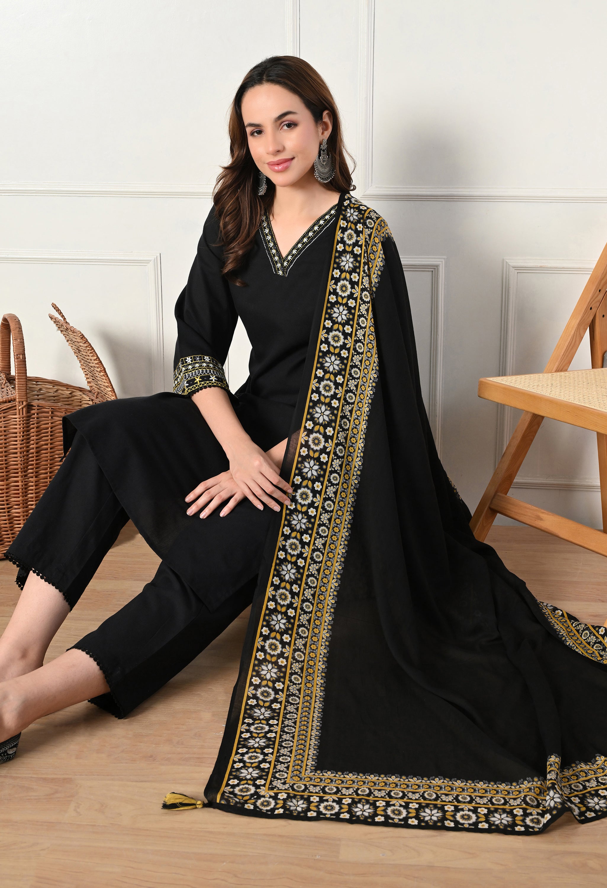 Black Cotton Flex Embroidered Suit- Set of 3