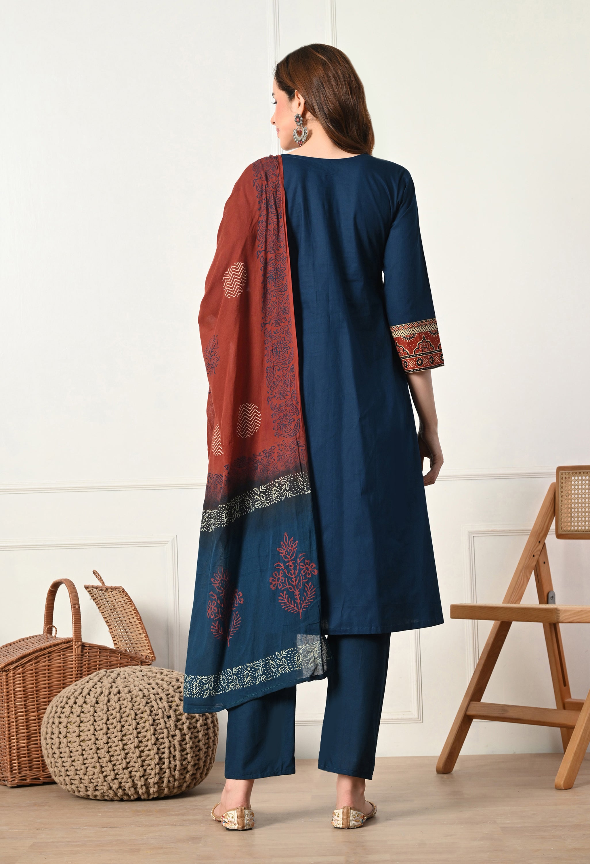Blue A-Line Mirror and Ajrakh Print Patch Work Cotton suit- Set of 3