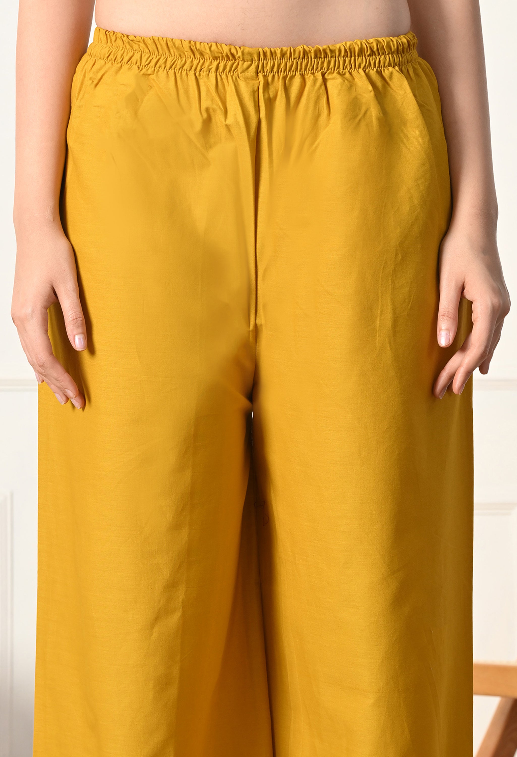 Mustard A-Line Mirror Work Ajrakh Print Cotton suit- Set of 3