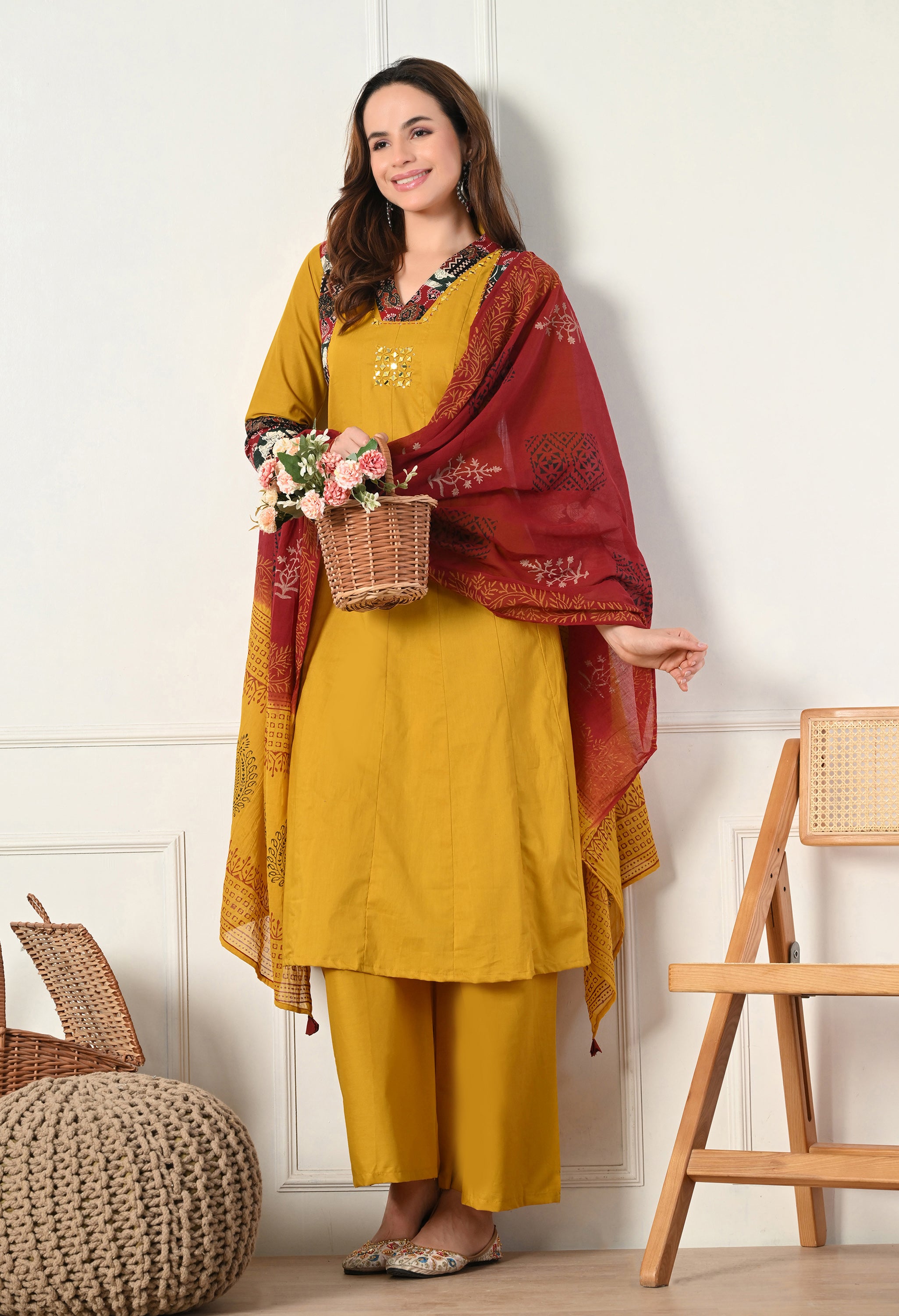 Mustard A-Line Mirror Work Ajrakh Print Cotton suit- Set of 3