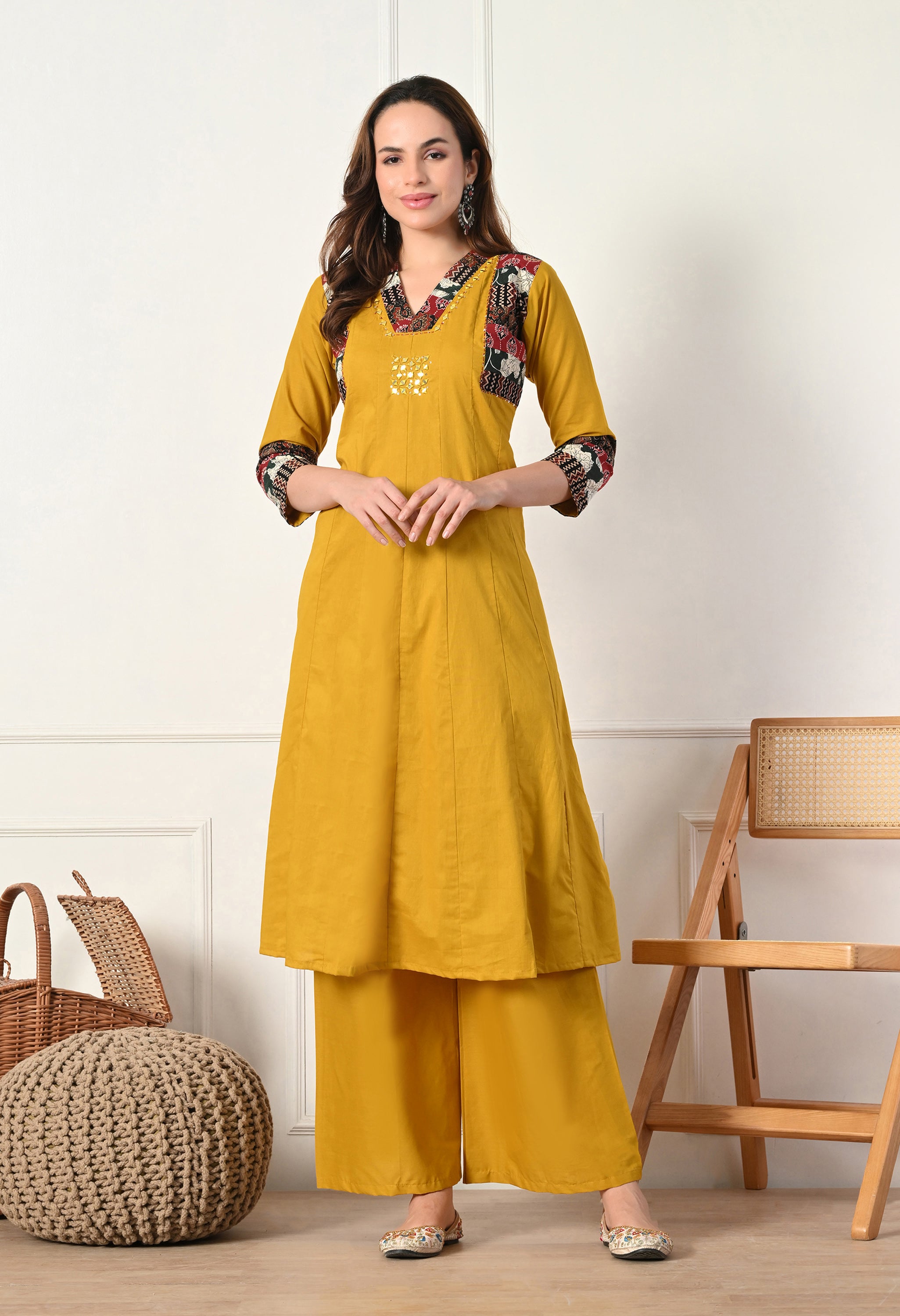 Mustard A-Line Mirror Work Ajrakh Print Cotton suit- Set of 3