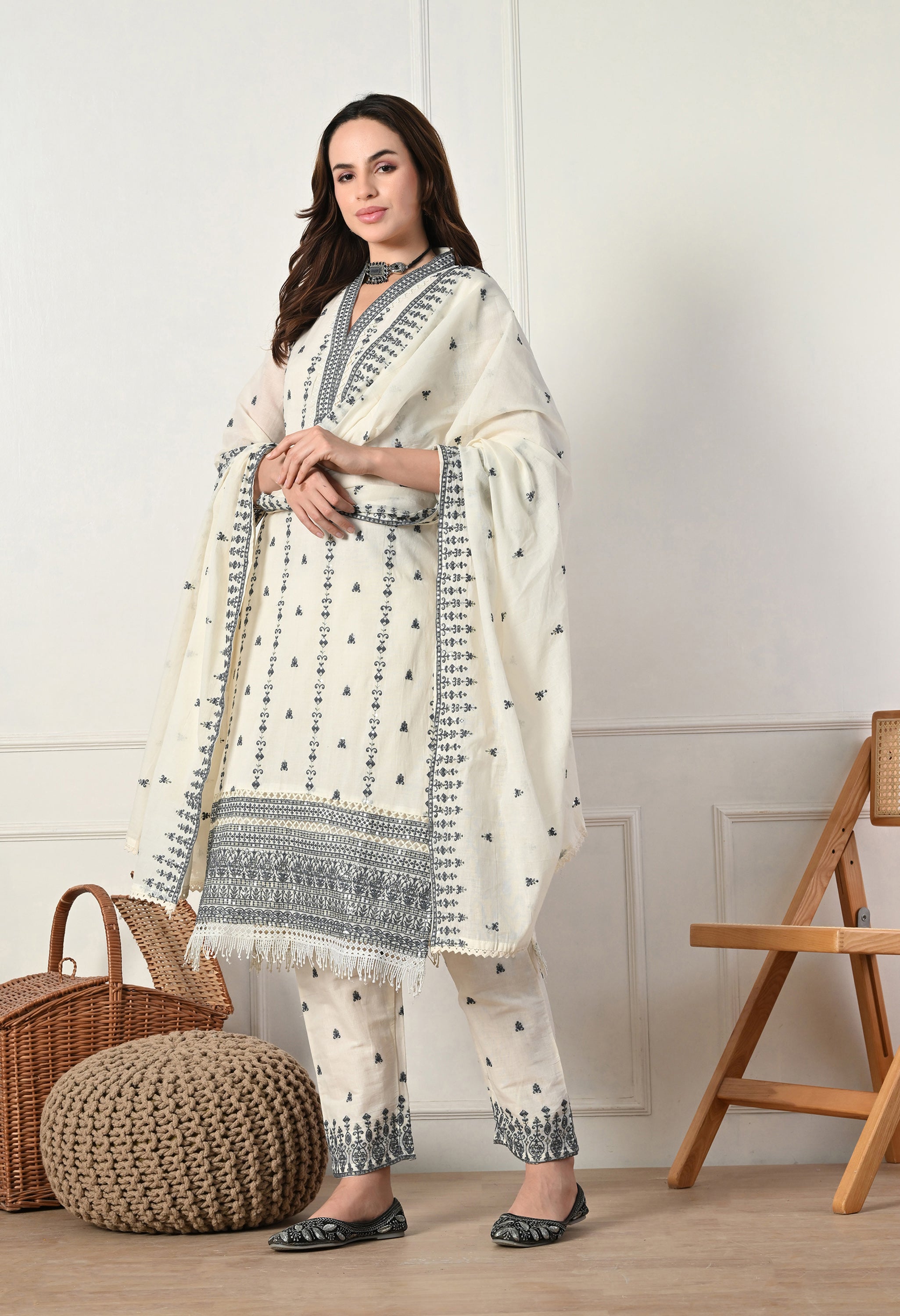 Cream Cotton Suit with Fine Embroidery- Set of 3