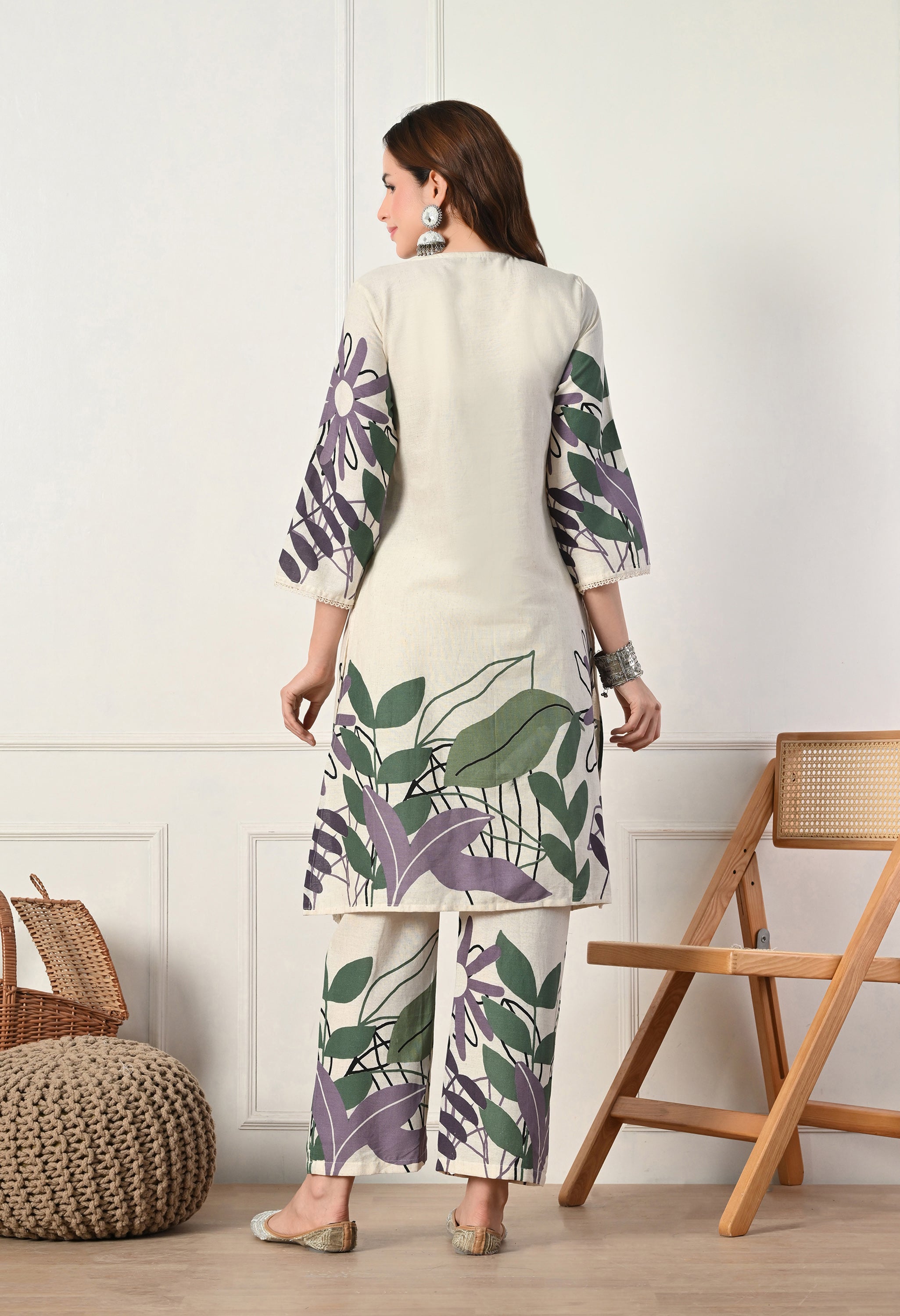 Cream Organic Cotton Kantha Work Kurta with Pants- Set of 2