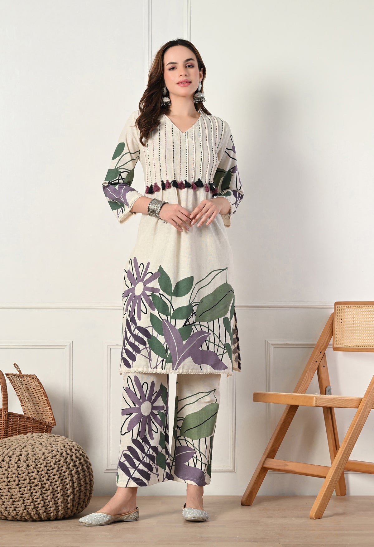 Cream Organic Cotton Kantha Work Kurta with Pants- Set of 2