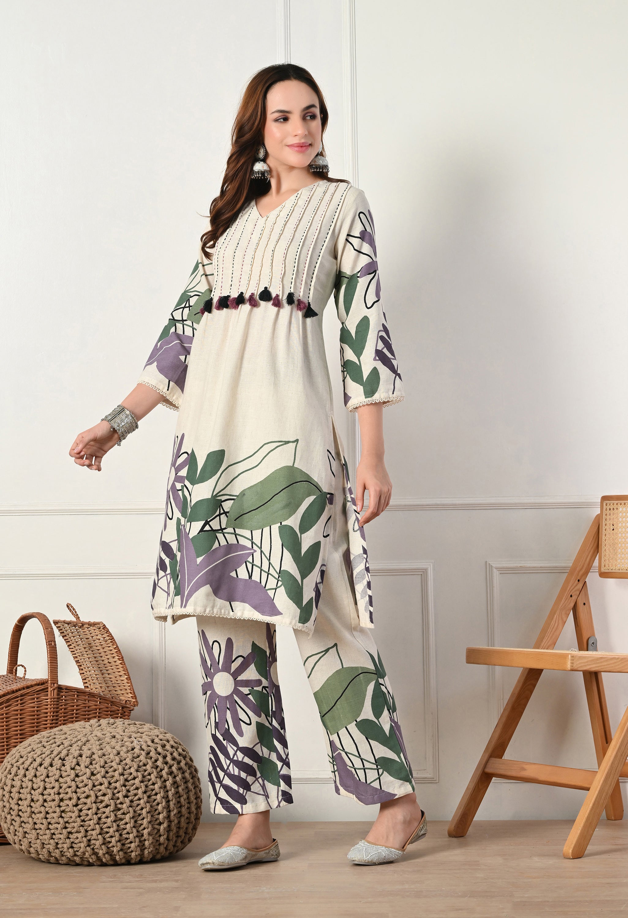 Cream Organic Cotton Kantha Work Kurta with Pants- Set of 2