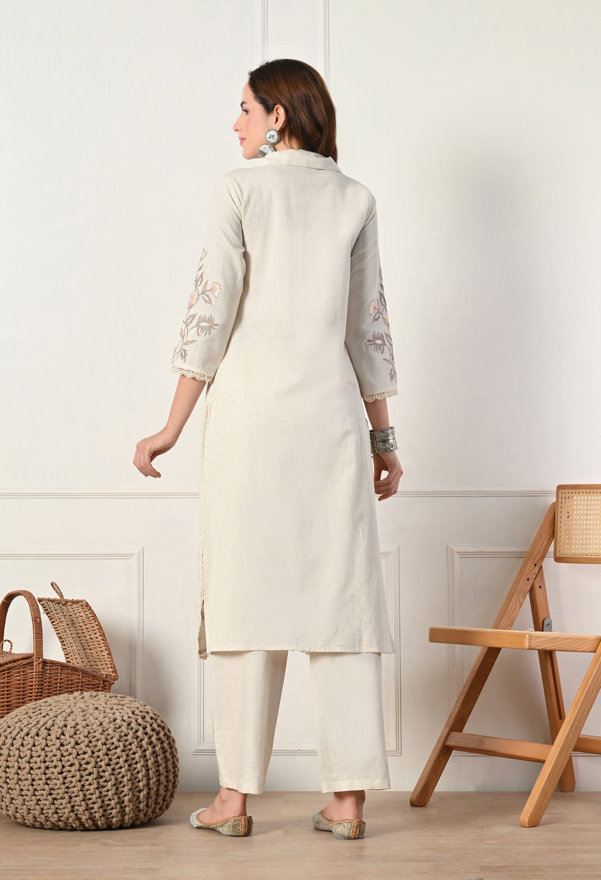 White Cotton Flex Embroidered Kurta with Pants- Set of 2