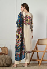 Cream Muslin Digital Print Embroidered Suit-Set of 3