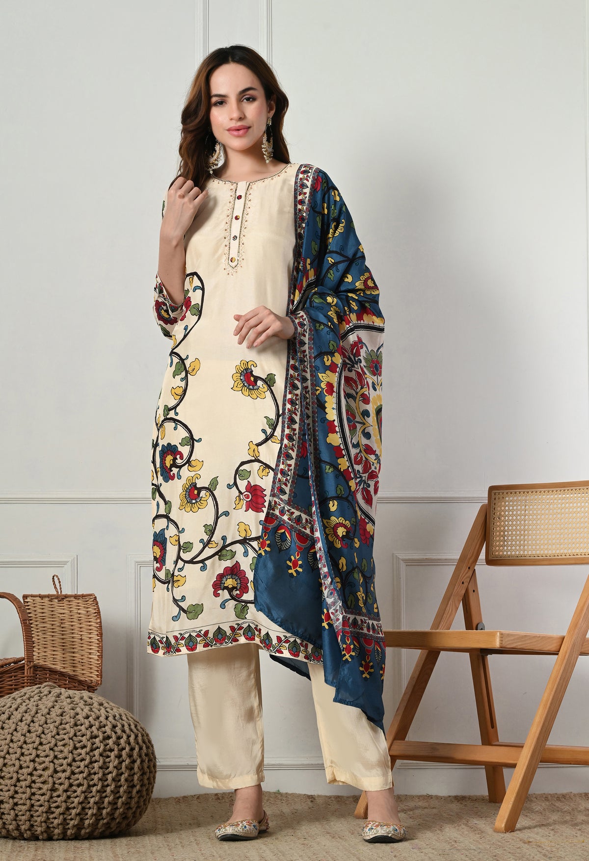 Cream Muslin Digital Print Embroidered Suit-Set of 3