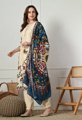 Cream Muslin Digital Print Embroidered Suit-Set of 3