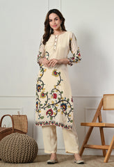 Cream Muslin Digital Print Embroidered Suit-Set of 3