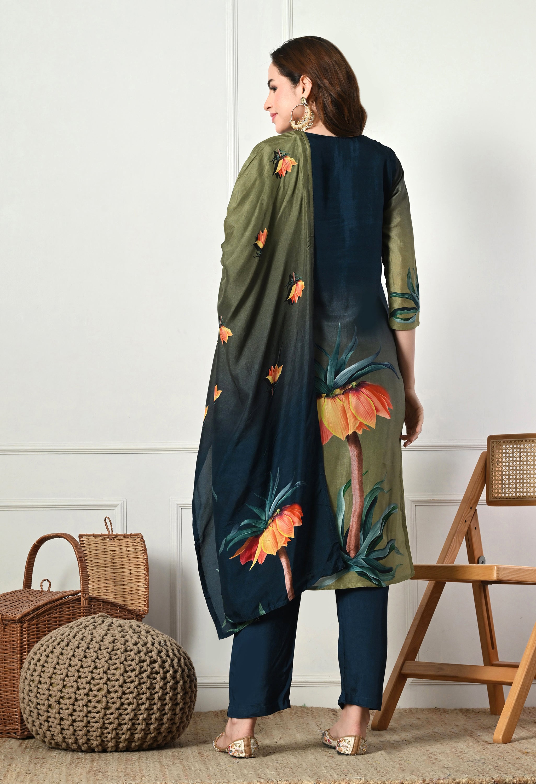 Teal Blue Green Silk Digital Print Embroidered Suit-Set of 3