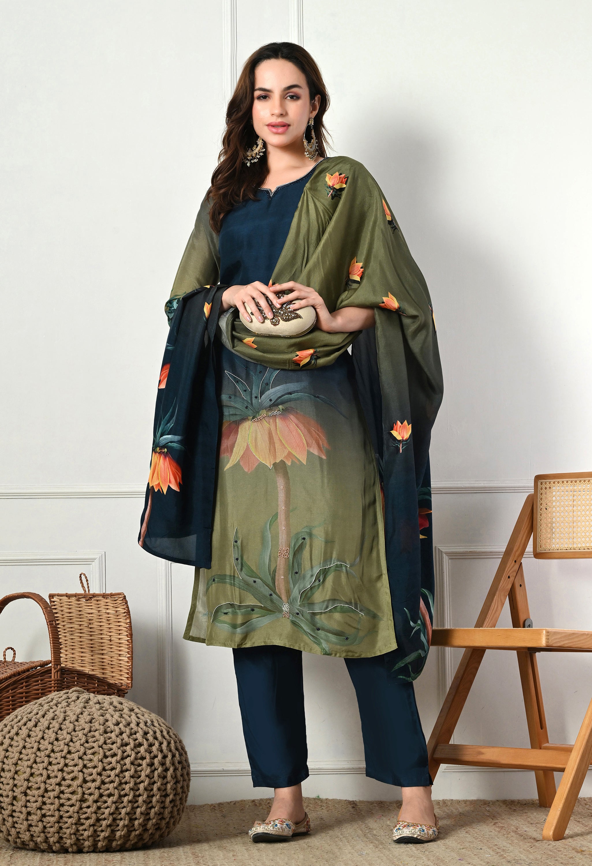 Teal Blue Green Silk Digital Print Embroidered Suit-Set of 3