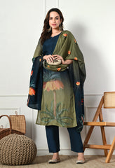 Teal Blue Green Silk Digital Print Embroidered Suit-Set of 3