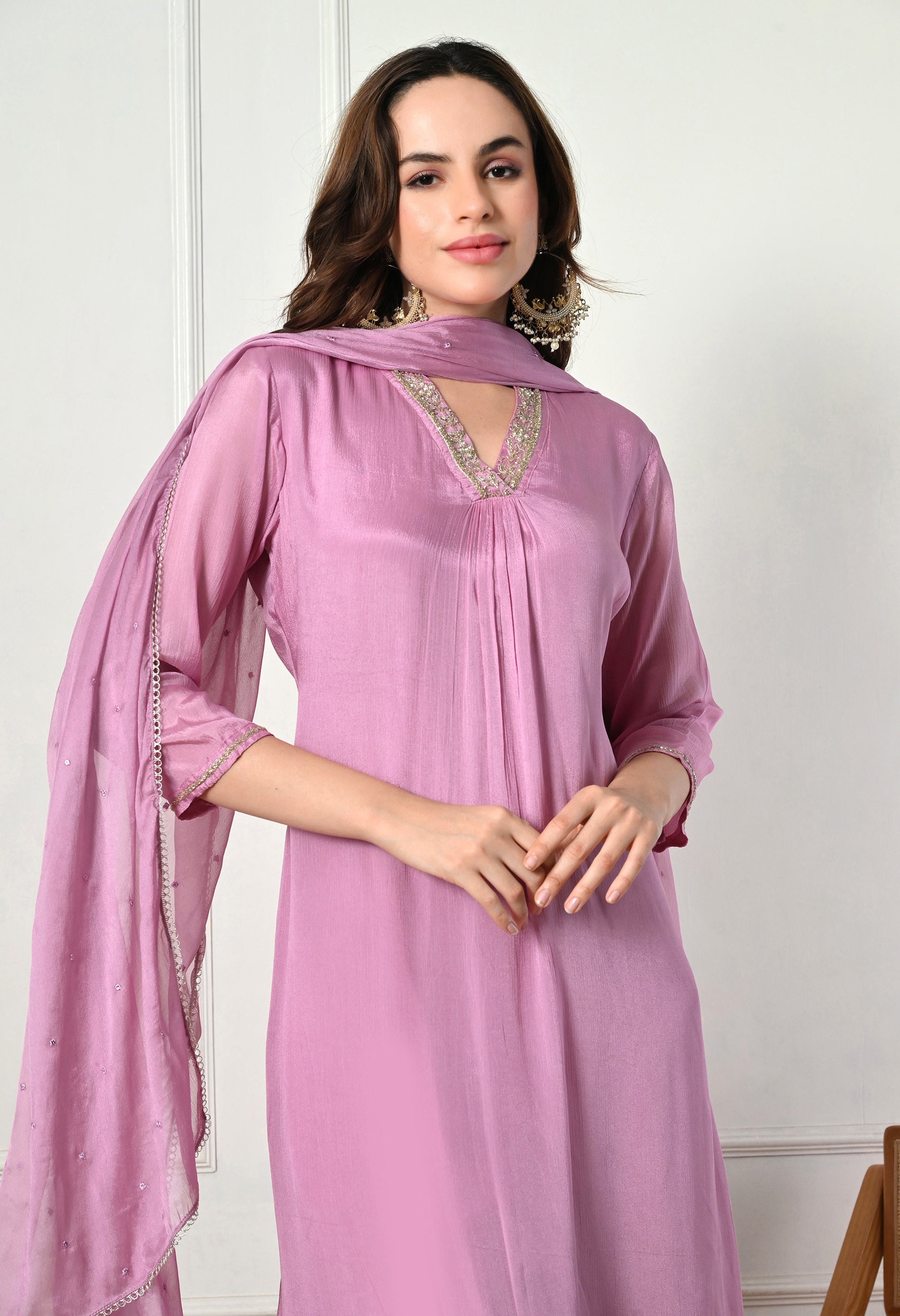 Lavender Chinon Hand Embroidered A-Line Suit- Set of 3