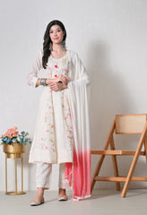 Cream Peach Cotton Chikankari Embroidered A-Line Suit-Set of 3