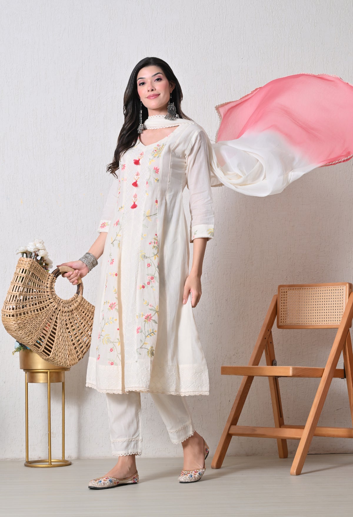 Cream Peach Cotton Chikankari Embroidered A-Line Suit-Set of 3