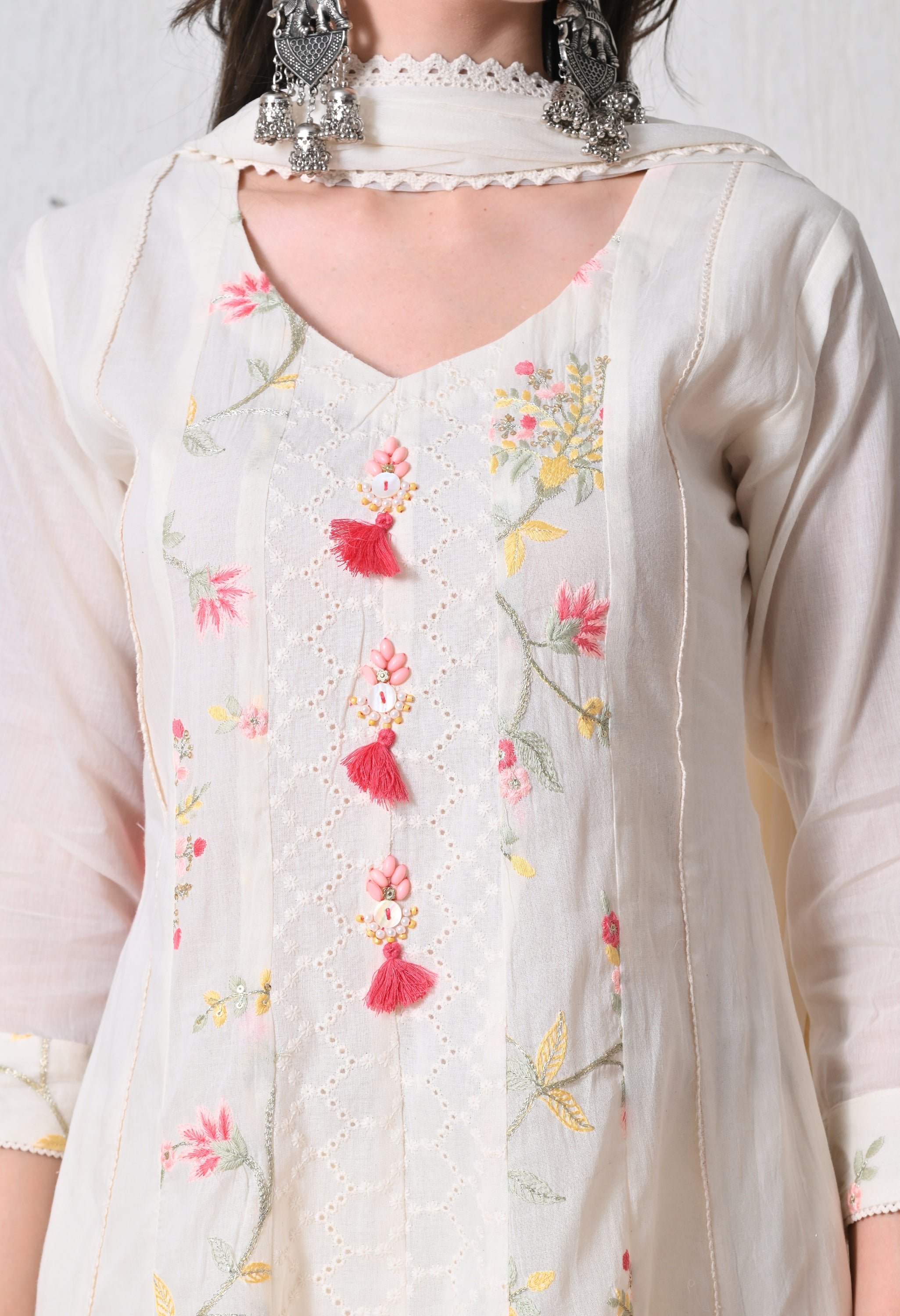 Cream Peach Cotton Chikankari Embroidered A-Line Suit-Set of 3