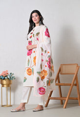 Cream & Pink Floral Digital Print Cotton Suit- Set of 3