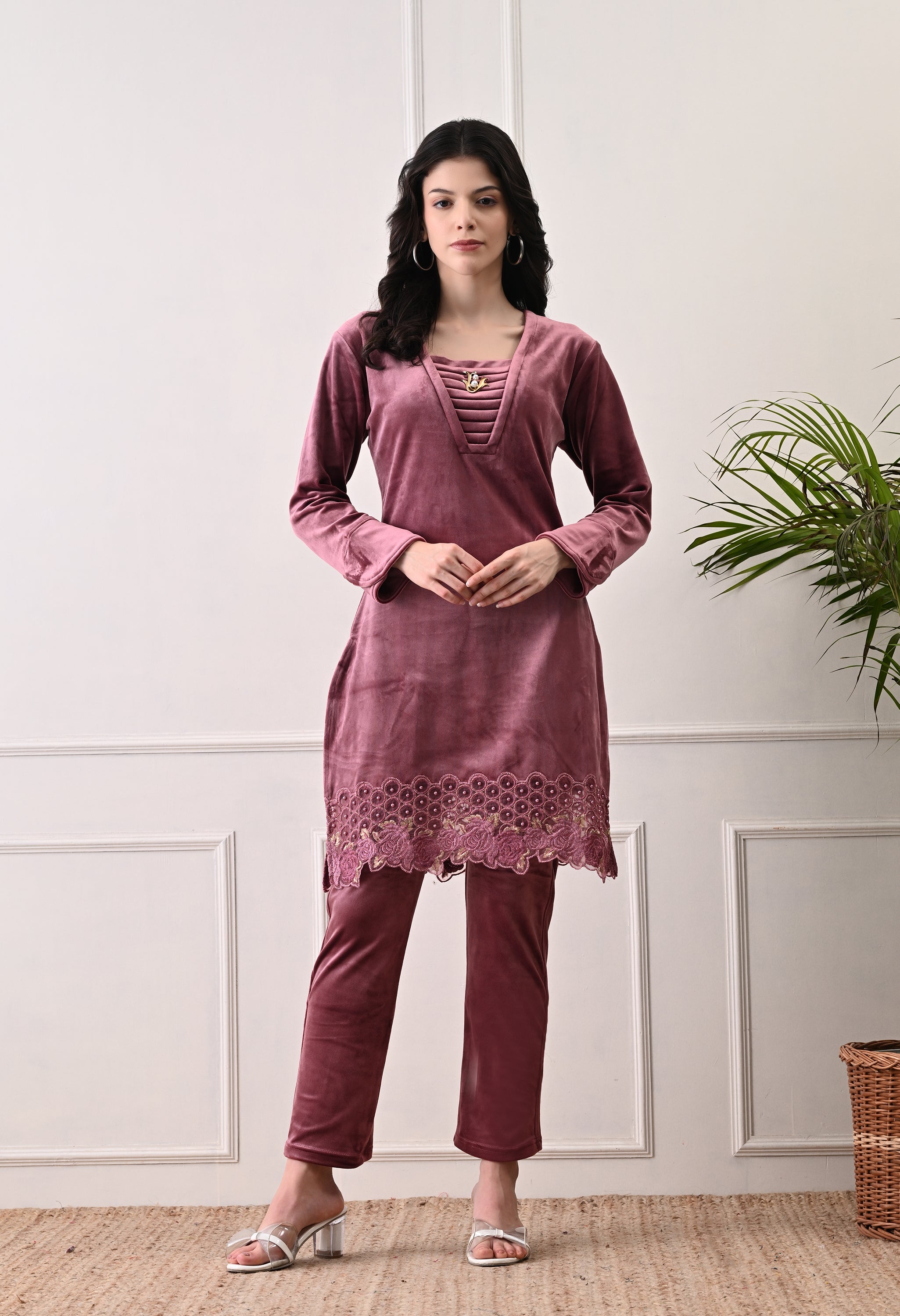 Indo-Western Onion Color Suit with Beads Work - 2 Piece Set