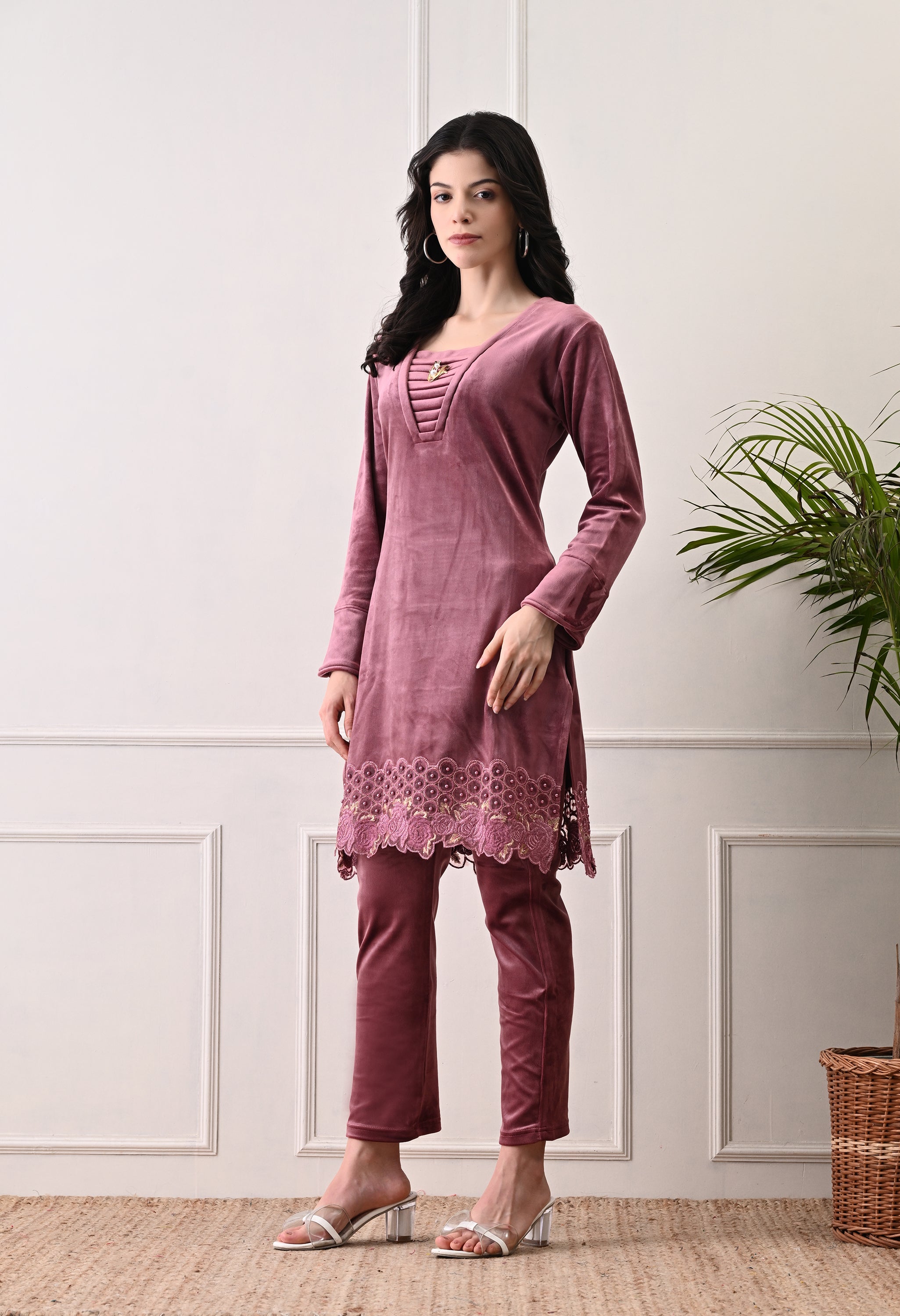 Indo-Western Onion Color Suit with Beads Work - 2 Piece Set