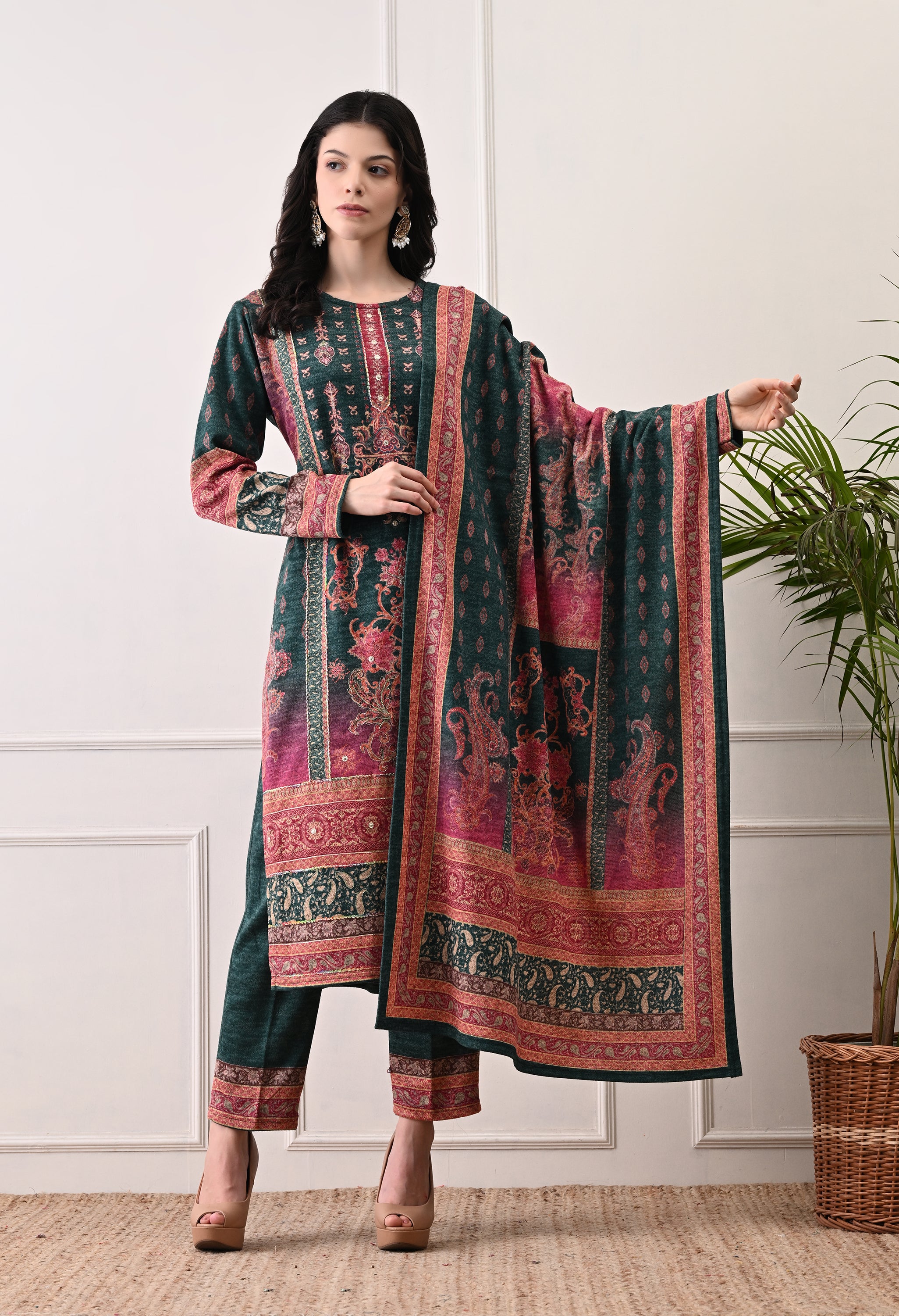 Green with Pink Ombre Digital Print Suit with Zari Work Detailing - Set of 3