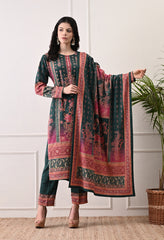 Green with Pink Ombre Digital Print Suit with Zari Work Detailing - Set of 3