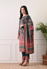 Green with Pink Ombre Digital Print Suit with Zari Work Detailing - Set of 3