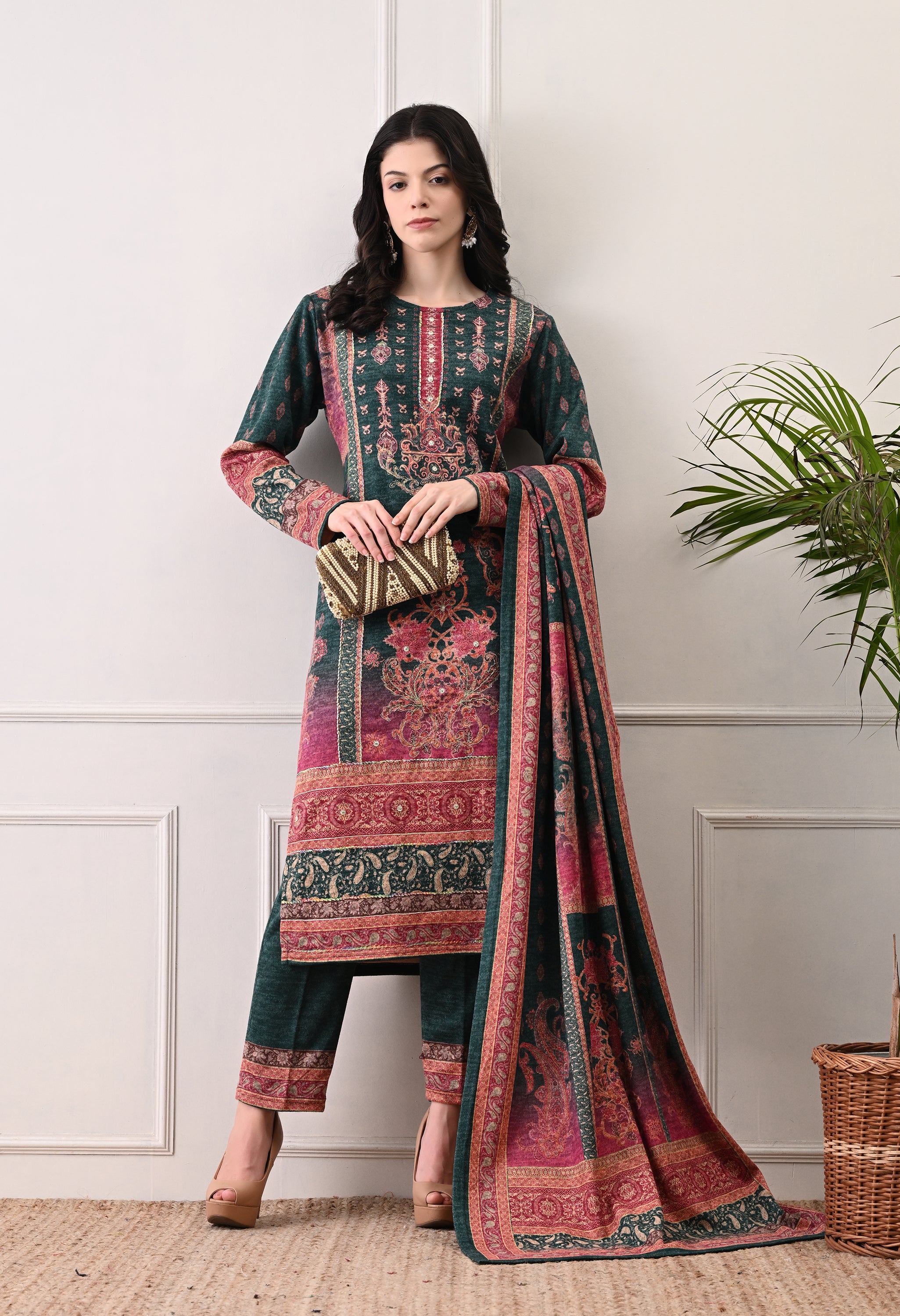 Green with Pink Ombre Digital Print Suit with Zari Work Detailing - Set of 3
