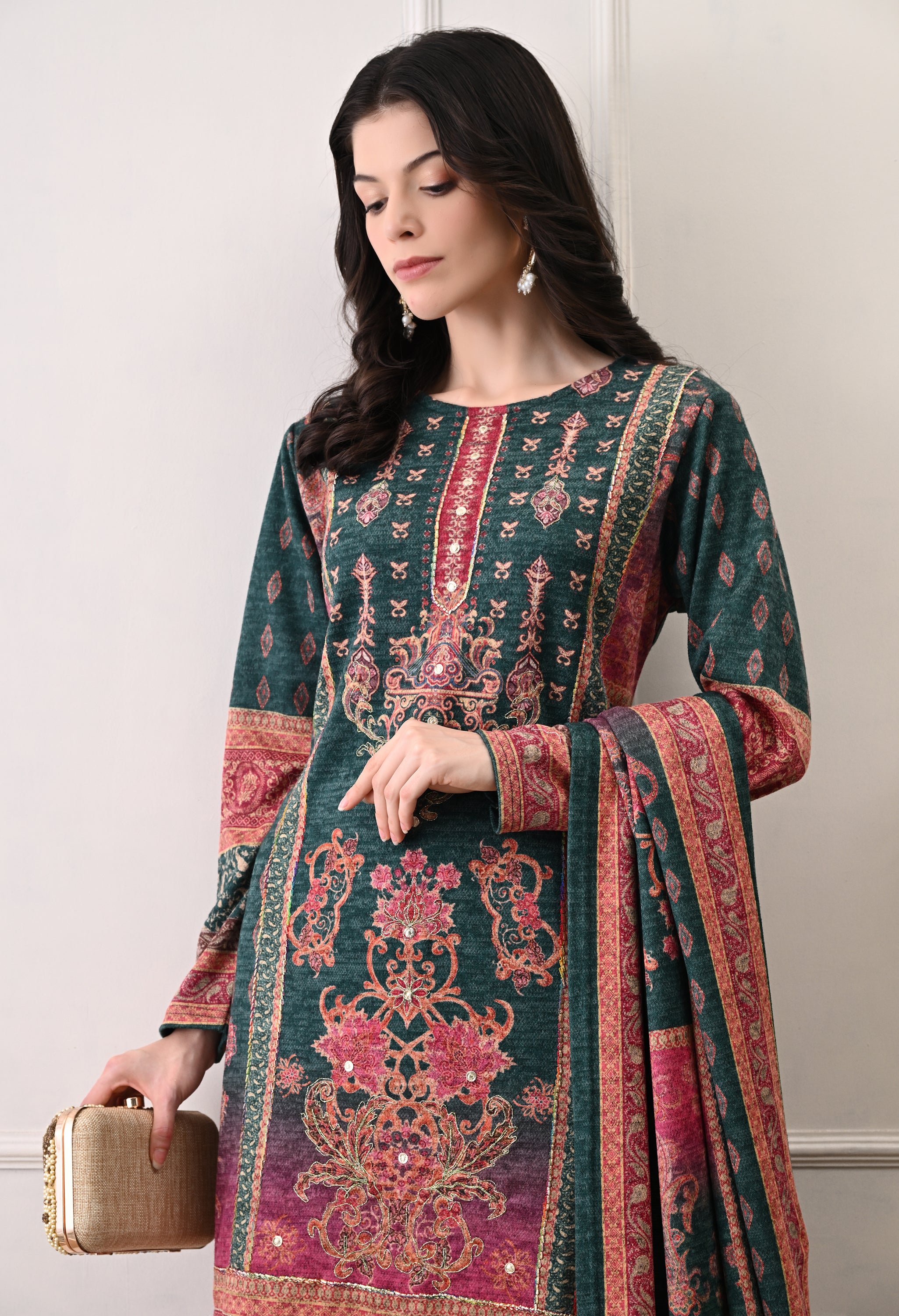 Green with Pink Ombre Digital Print Suit with Zari Work Detailing - Set of 3
