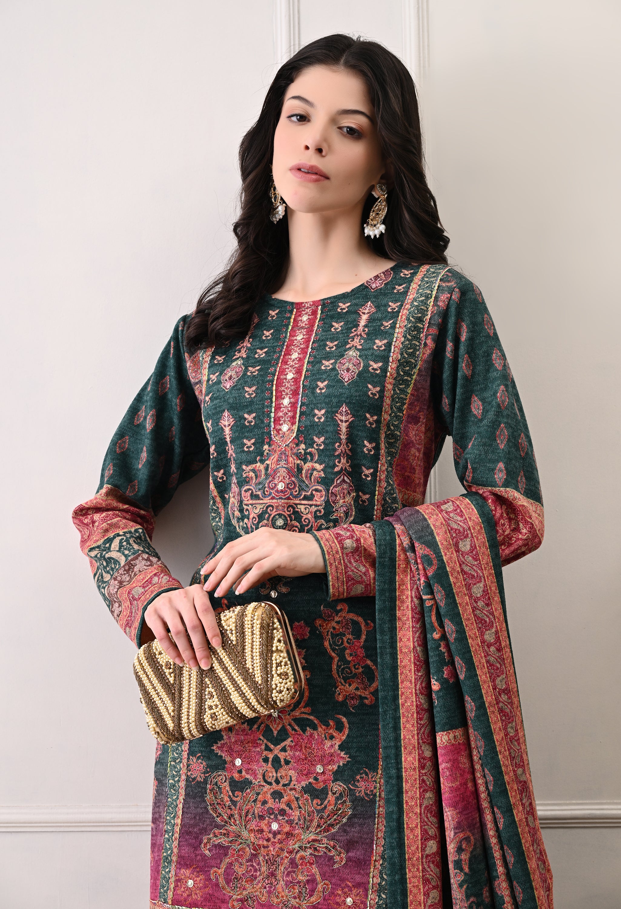 Green with Pink Ombre Digital Print Suit with Zari Work Detailing - Set of 3